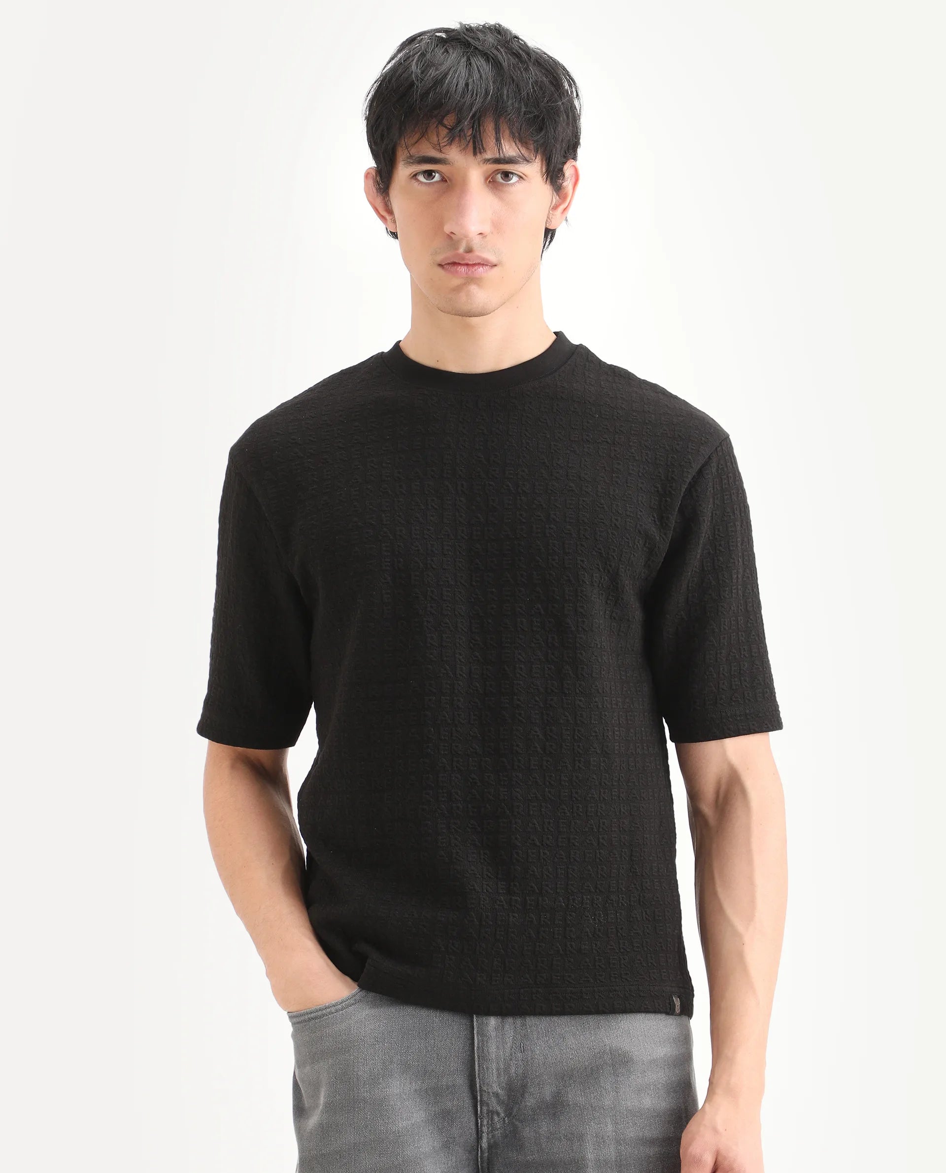 Rare Rabbit Men's Jas-2 Black Polyester Blend Fabric Half Sleeve Crew Neck Oversized Jacquard T-Shirt