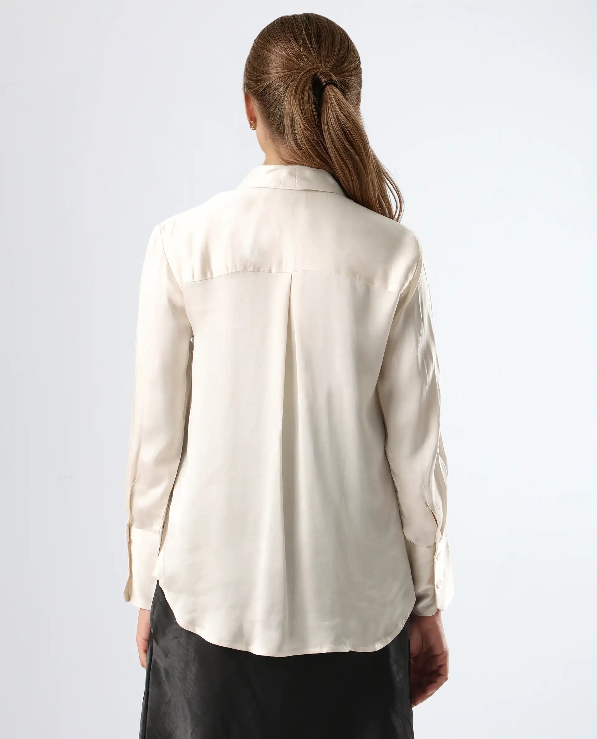 Rareism Women's Jaux Beige Satin Collared Plain Cuffed Sleeve Regular Fit Shirt