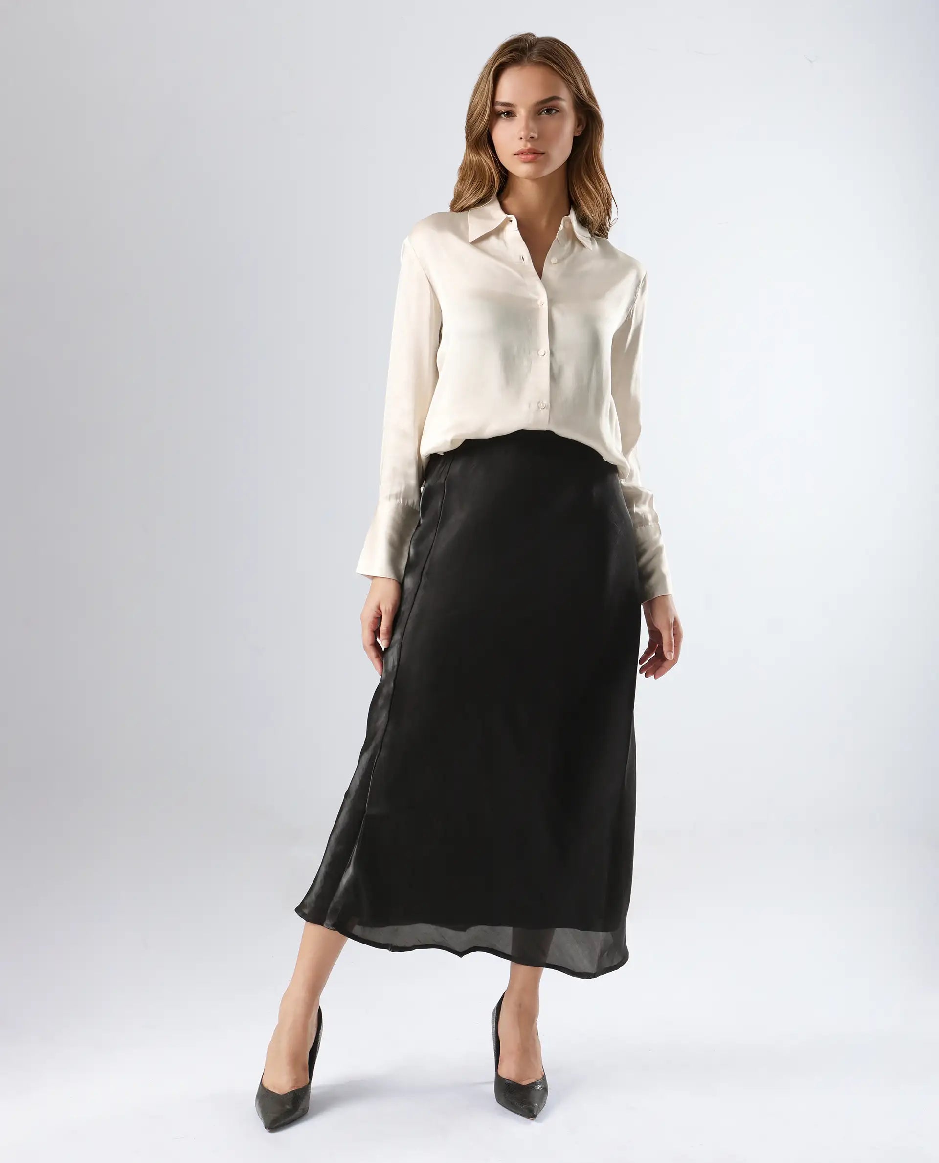 Rareism Women's Jaux Beige Satin Collared Plain Cuffed Sleeve Regular Fit Shirt