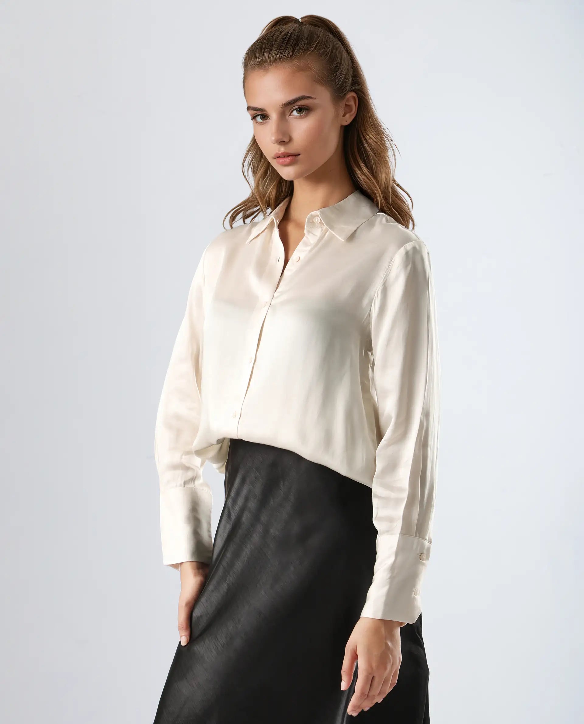Rareism Women's Jaux Beige Satin Collared Plain Cuffed Sleeve Regular Fit Shirt