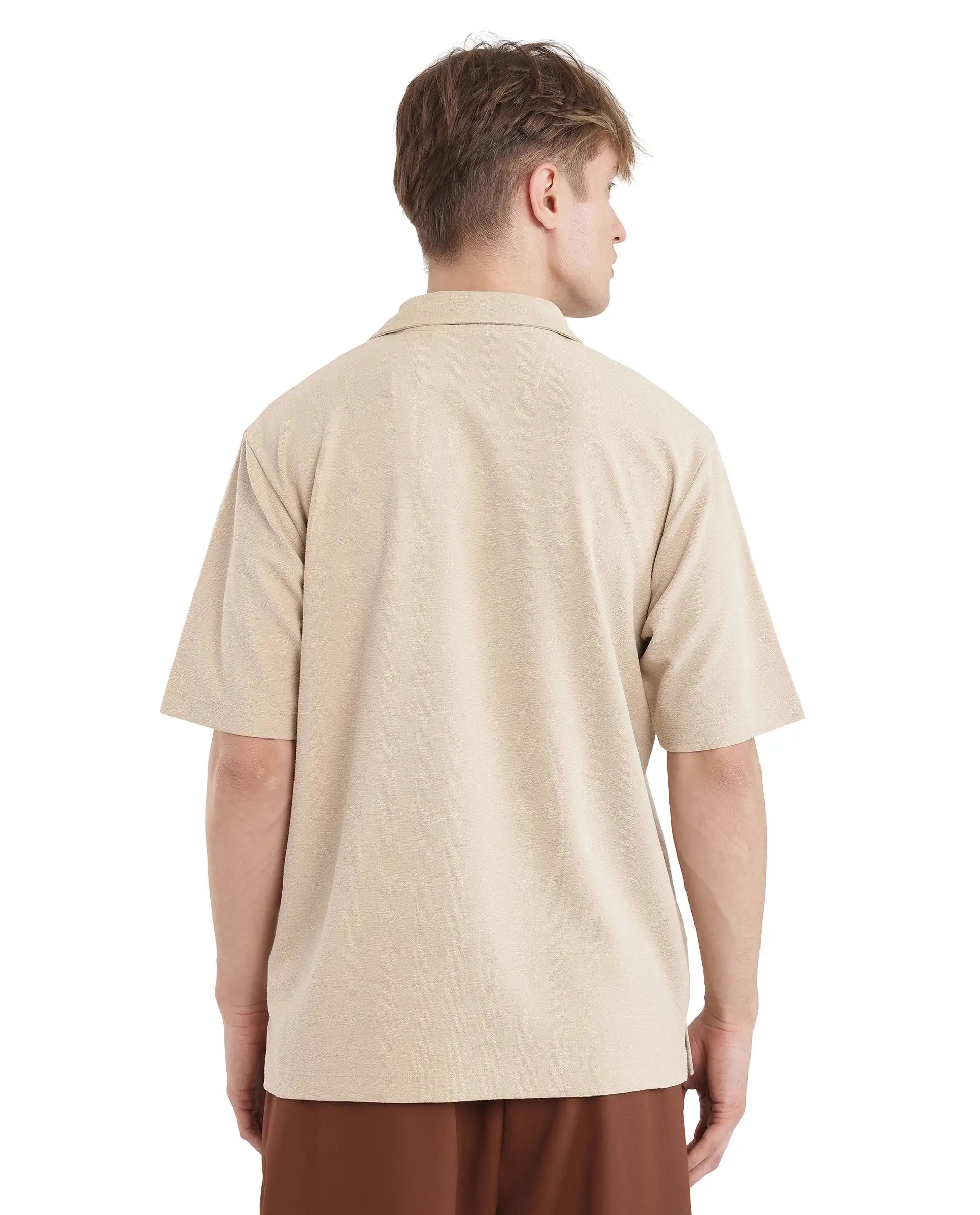 Rare Rabbit Men Jawal Beige Cotton Poly Fabric Short Sleeve Open Collar Oversized Fit Plain Polo