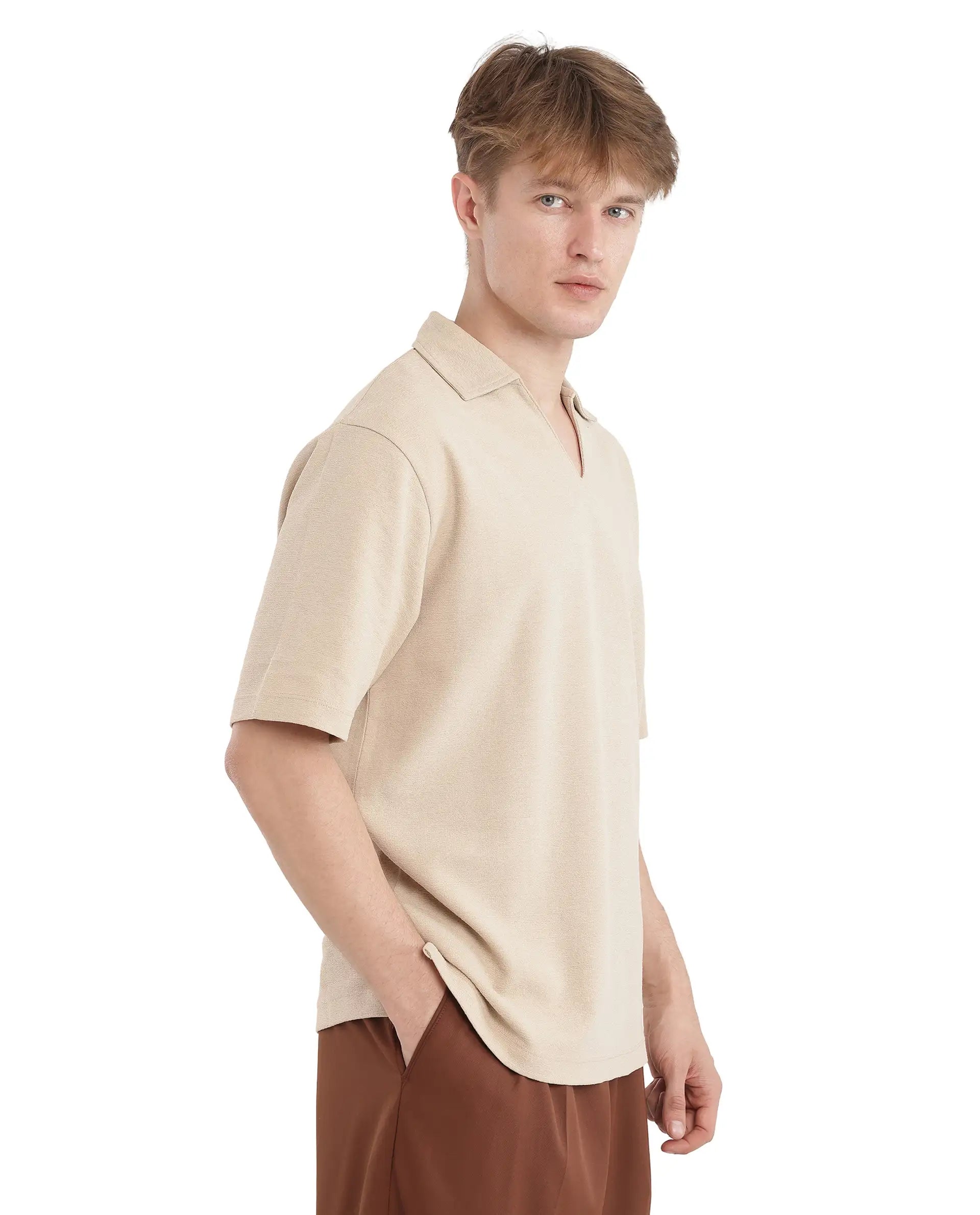 Rare Rabbit Men Jawal Beige Cotton Poly Fabric Short Sleeve Open Collar Oversized Fit Plain Polo