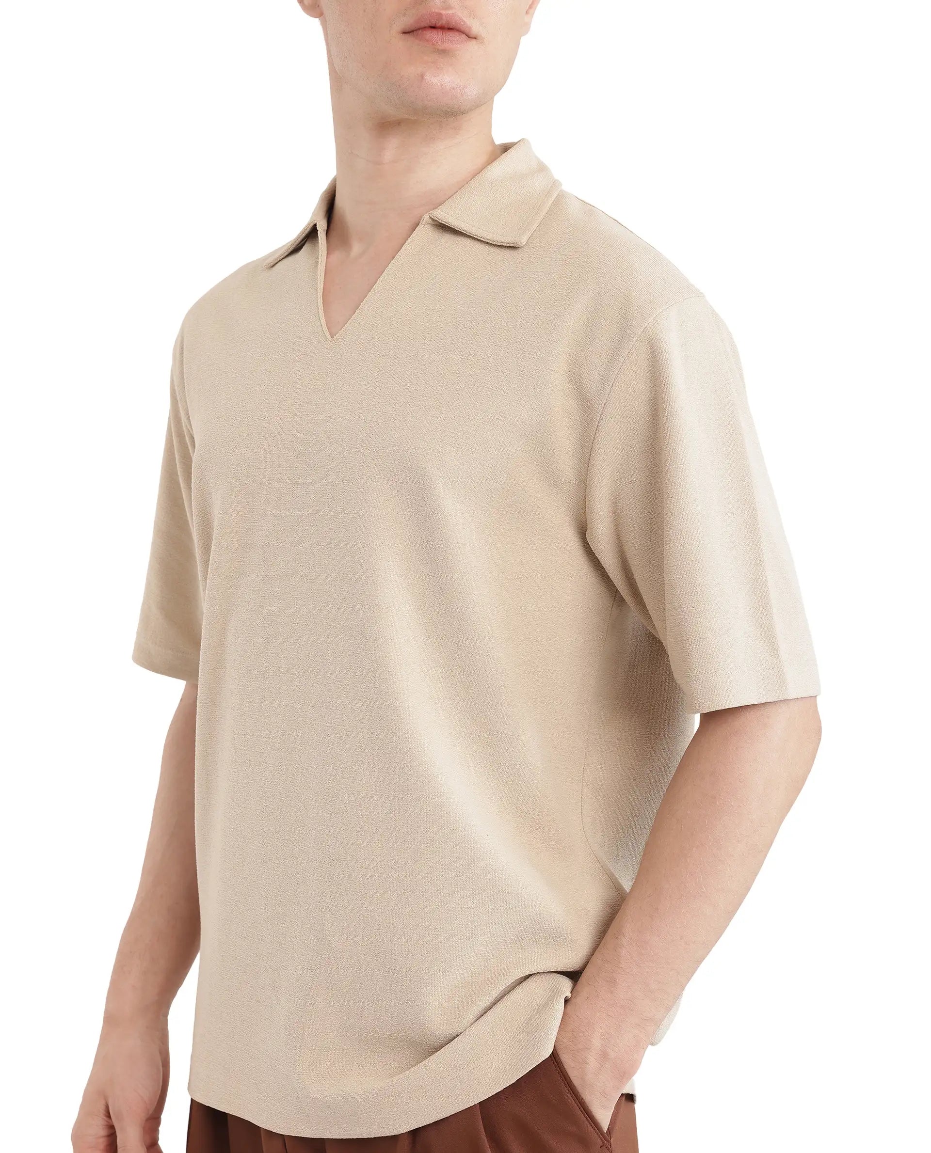 Rare Rabbit Men Jawal Beige Cotton Poly Fabric Short Sleeve Open Collar Oversized Fit Plain Polo