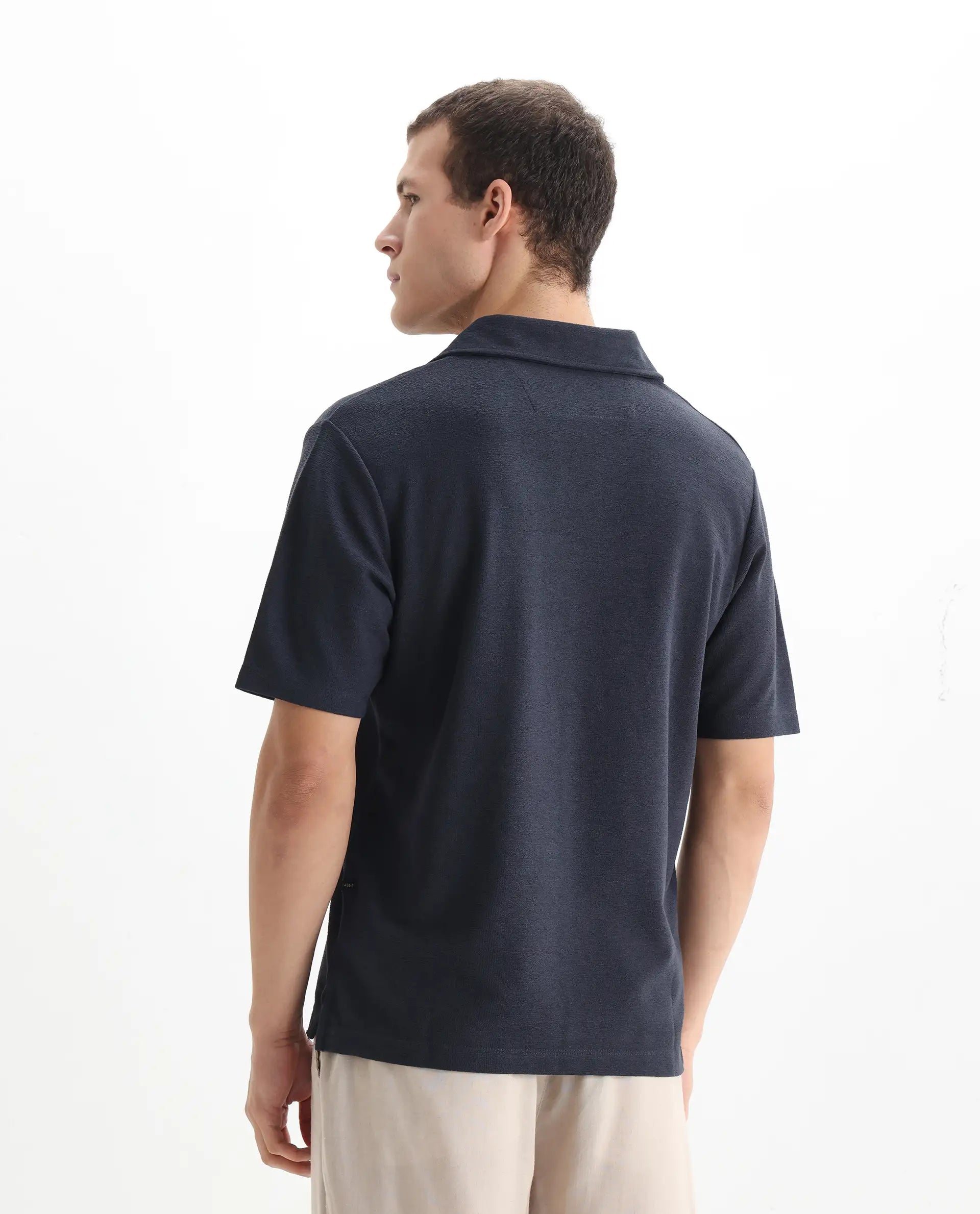 Rare Rabbit Men's Jawal Navy Cotton Blend Plain Oversized Fit Half Sleeve Polo
