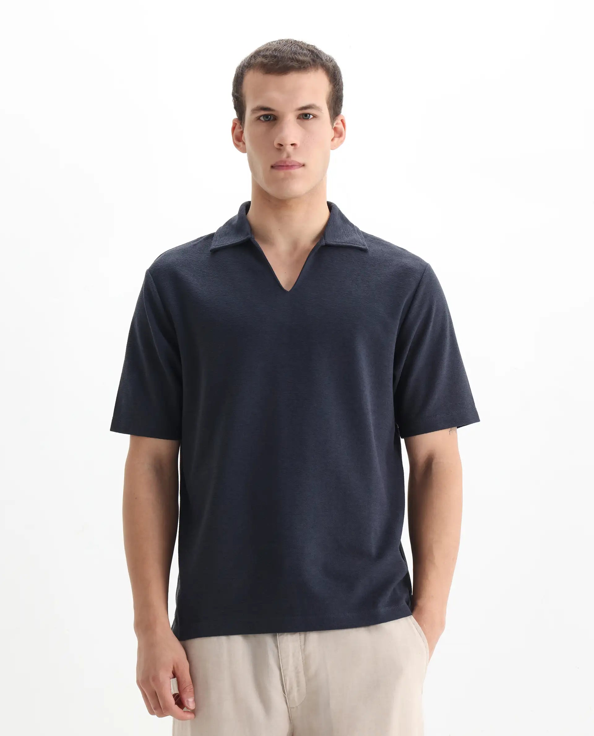 Rare Rabbit Men's Jawal Navy Cotton Blend Plain Oversized Fit Half Sleeve Polo