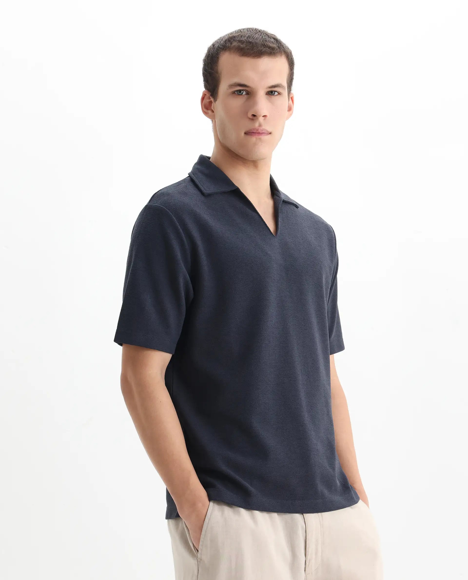 Rare Rabbit Men's Jawal Navy Cotton Blend Plain Oversized Fit Half Sleeve Polo