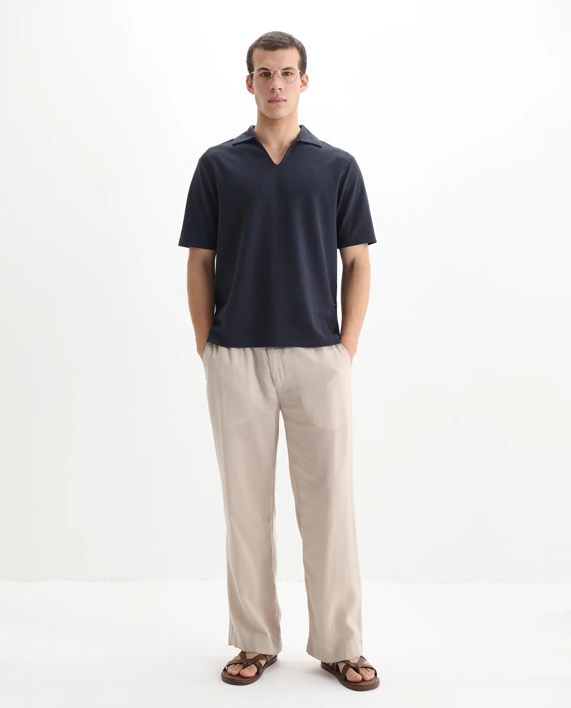 Rare Rabbit Men's Jawal Navy Cotton Blend Plain Oversized Fit Half Sleeve Polo