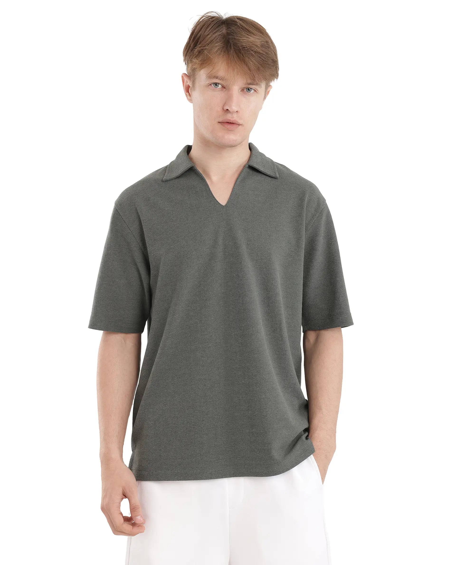 Rare Rabbit Men Jawal Olive Cotton Poly Fabric Short Sleeve Open Collar Oversized Fit Plain Polo