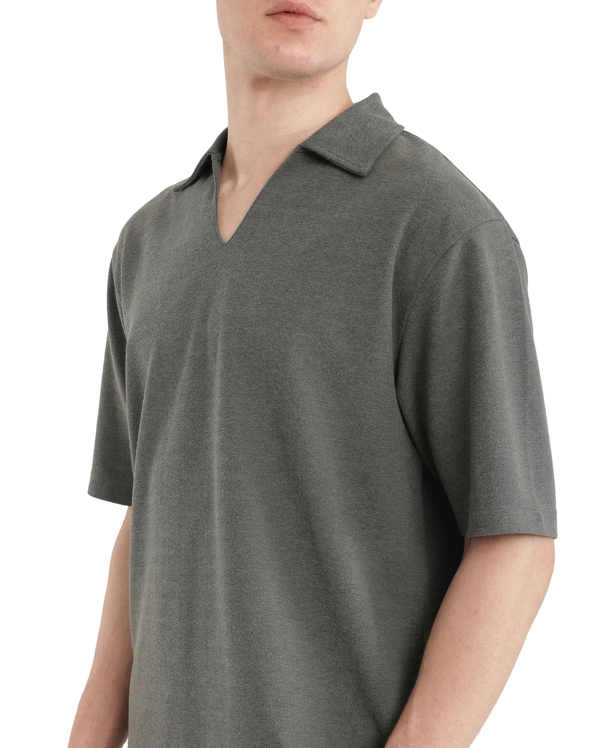 Rare Rabbit Men Jawal Olive Cotton Poly Fabric Short Sleeve Open Collar Oversized Fit Plain Polo