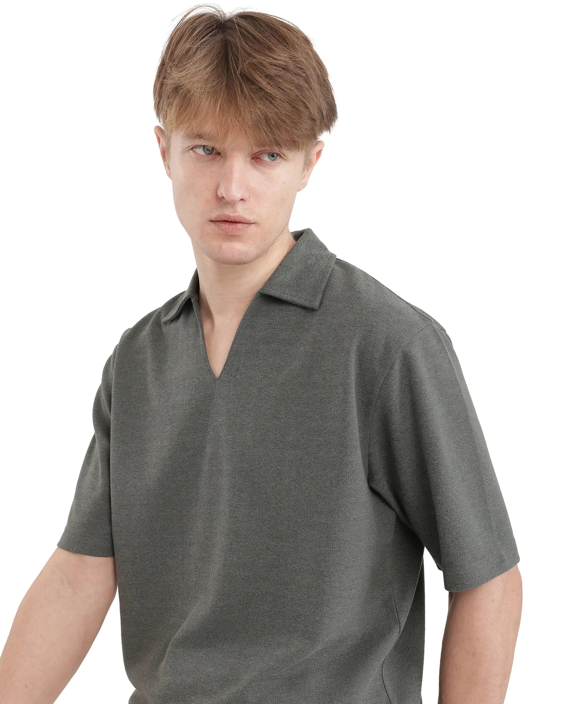 Rare Rabbit Men Jawal Olive Cotton Poly Fabric Short Sleeve Open Collar Oversized Fit Plain Polo