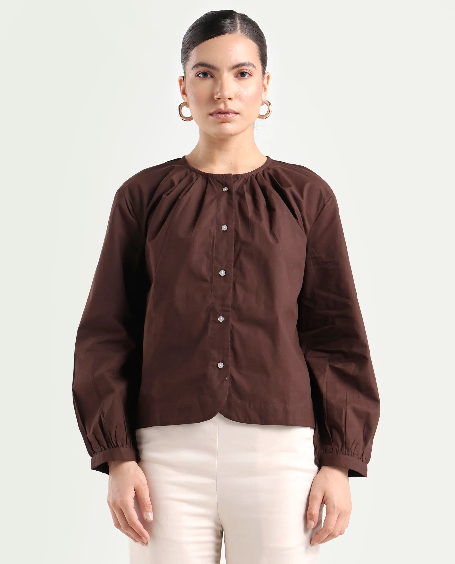 Rareism Women's Jaylo Brown Cotton Crew Neck Plain Cuffed Sleeve Regular Fit Top