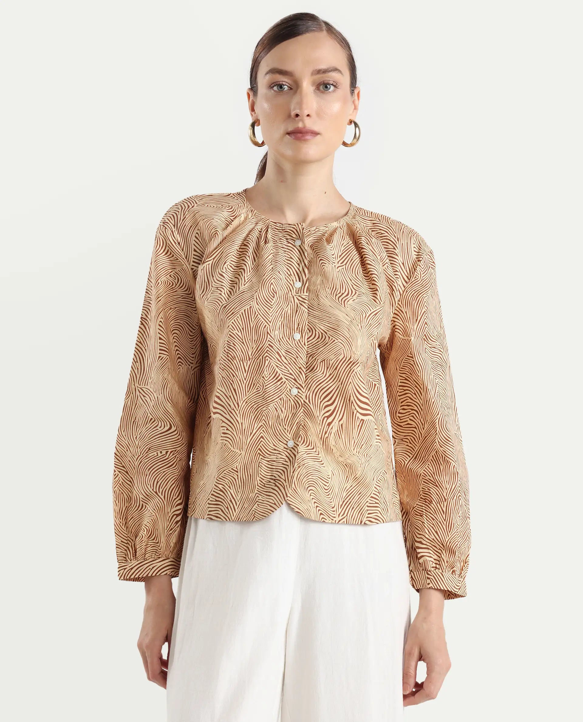 Rareism Women's Jaylone Beige Cotton Crew Neck Geometric Print Cuffed Sleeve Regular Fit Top