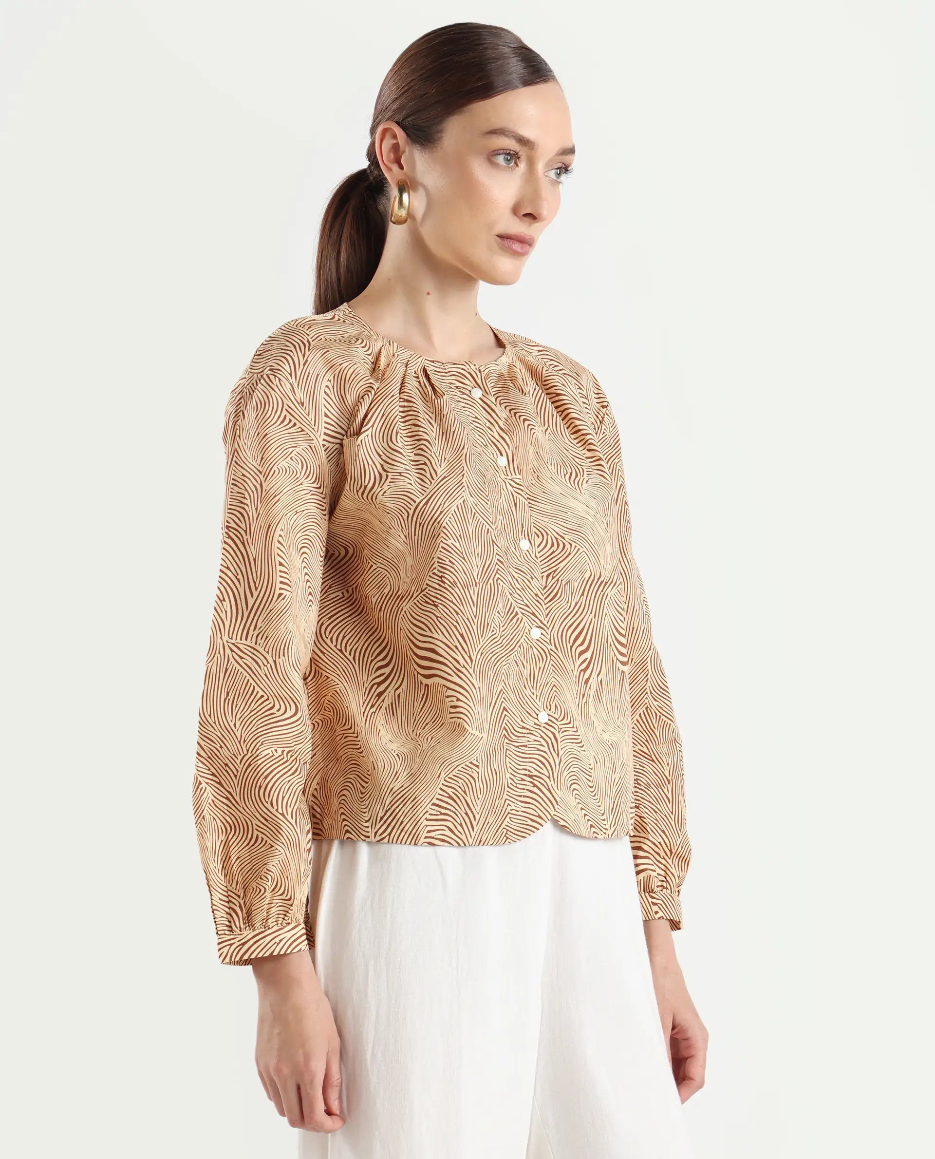 Rareism Women's Jaylone Beige Cotton Crew Neck Geometric Print Cuffed Sleeve Regular Fit Top