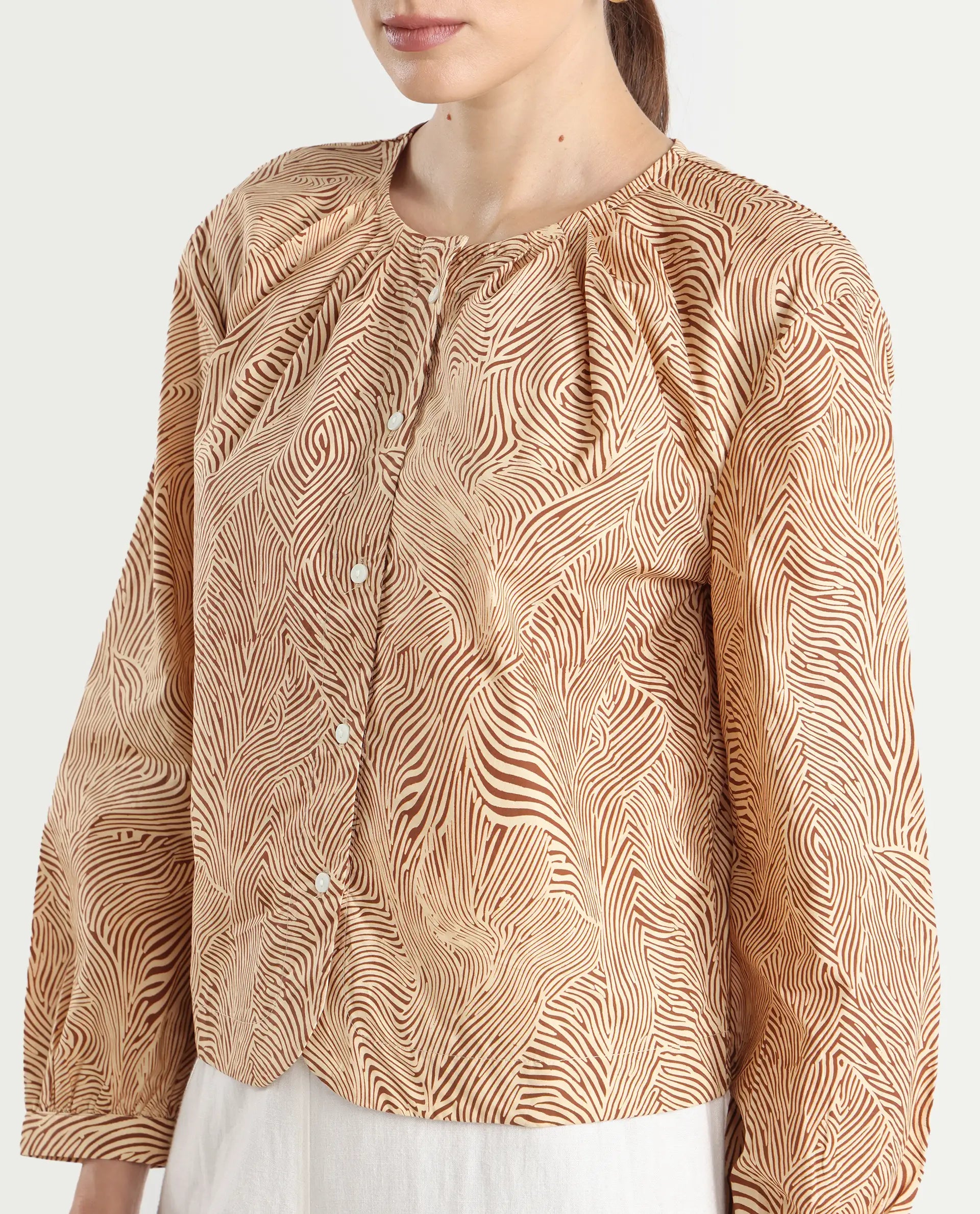 Rareism Women's Jaylone Beige Cotton Crew Neck Geometric Print Cuffed Sleeve Regular Fit Top