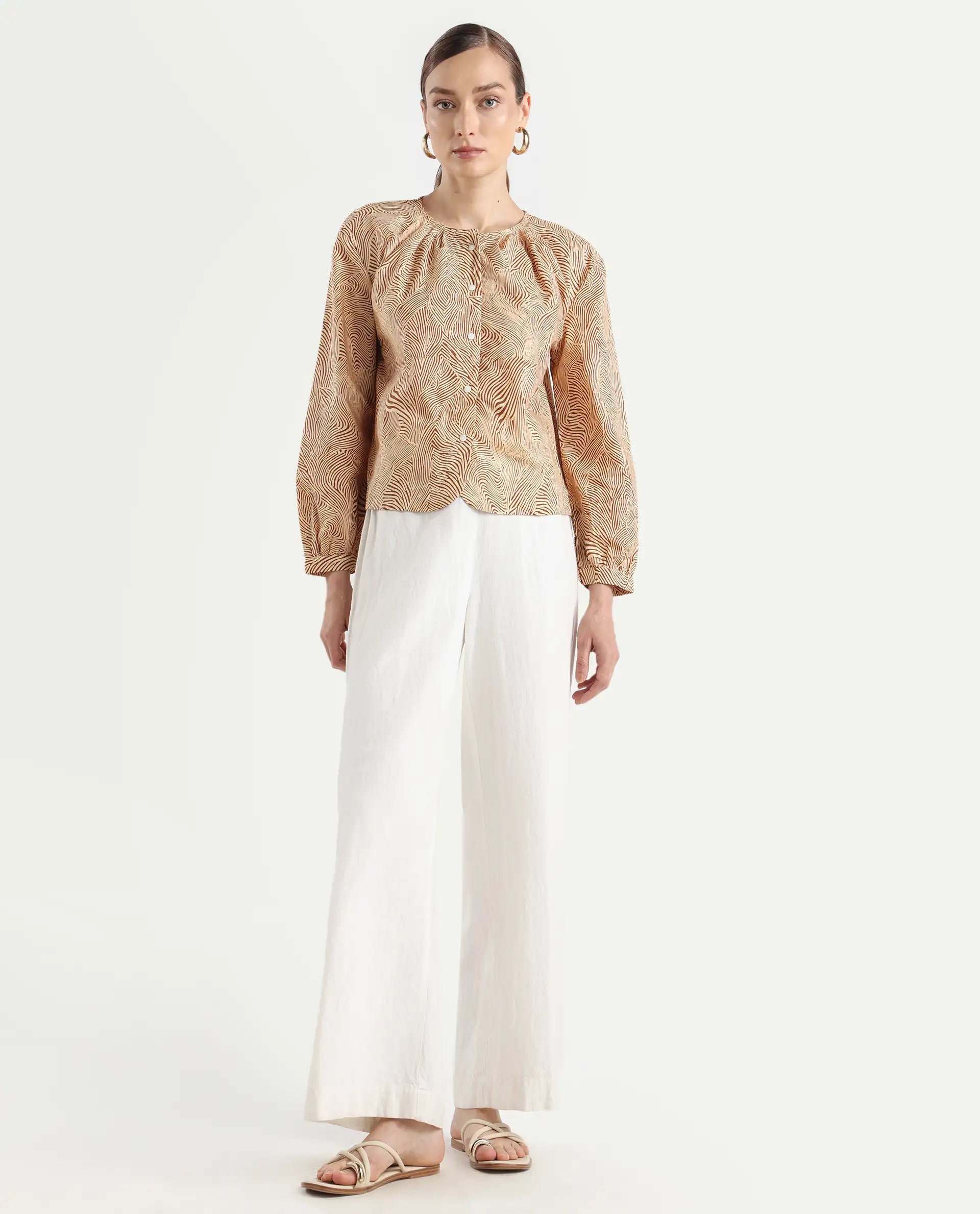 Rareism Women's Jaylone Beige Cotton Crew Neck Geometric Print Cuffed Sleeve Regular Fit Top