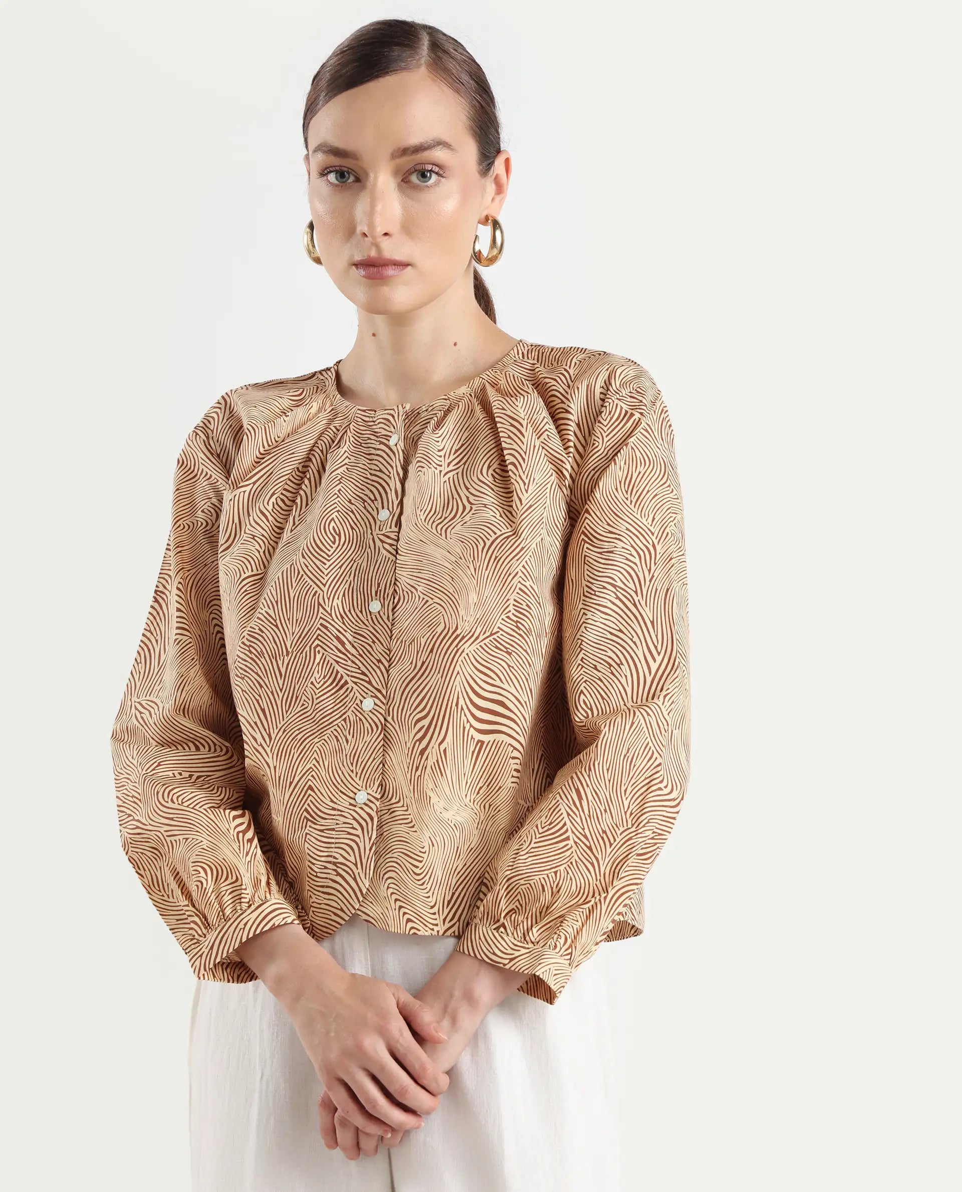 Rareism Women's Jaylone Beige Cotton Crew Neck Geometric Print Cuffed Sleeve Regular Fit Top