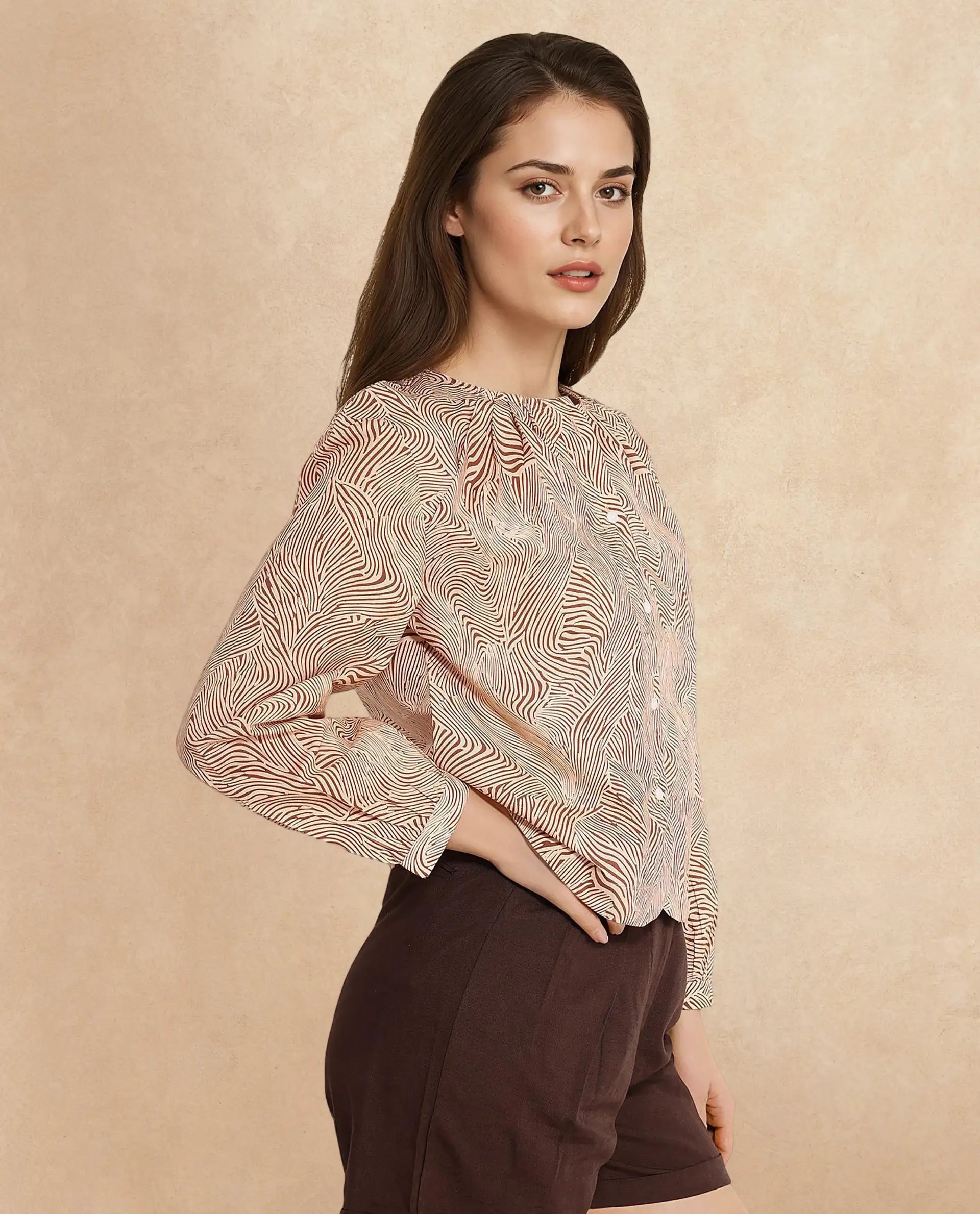 Rareism Women Jaylone Beige Cuffed Sleeve Round Neck Button Geometric Print Top