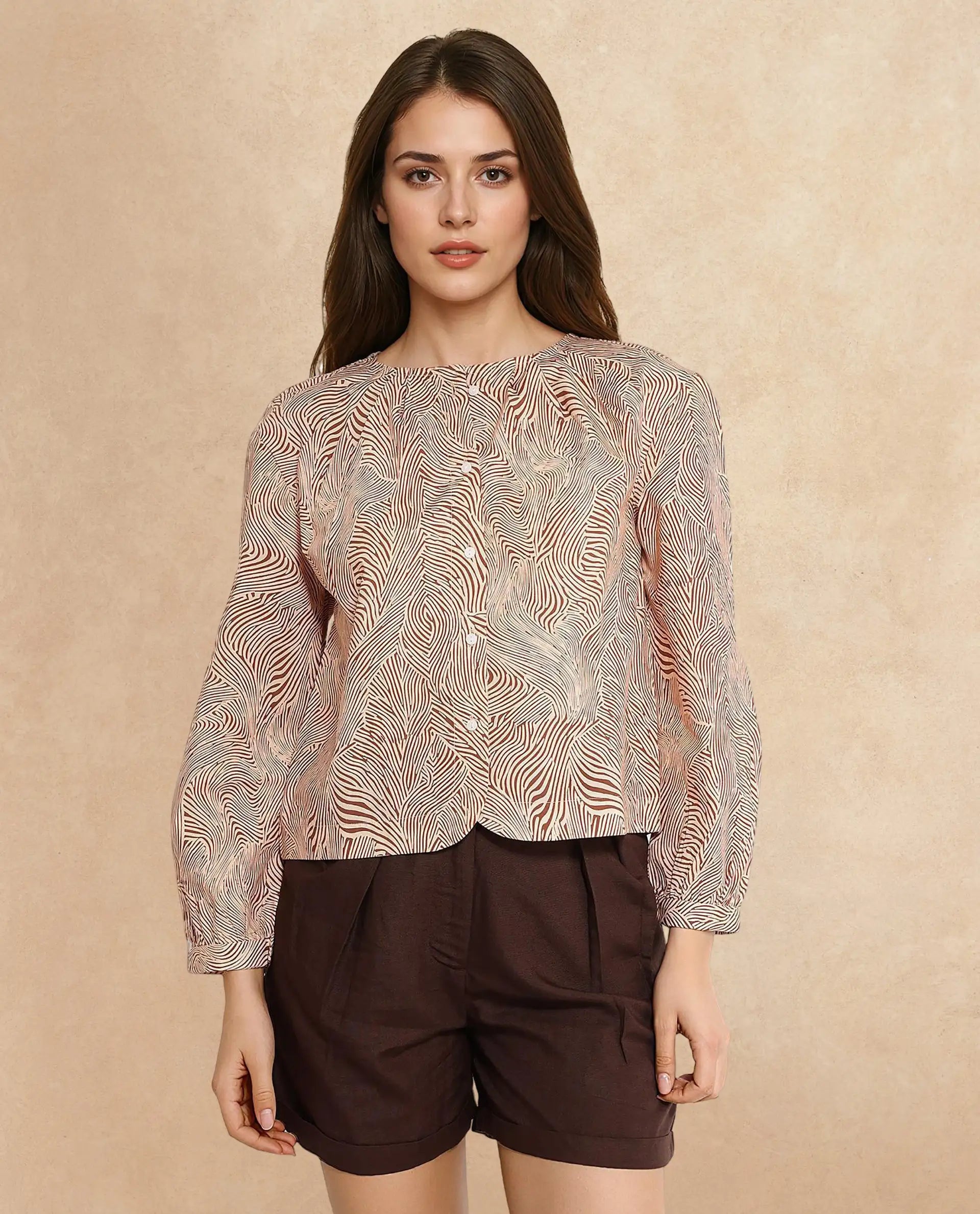 Rareism Women Jaylone Beige Cuffed Sleeve Round Neck Button Geometric Print Top