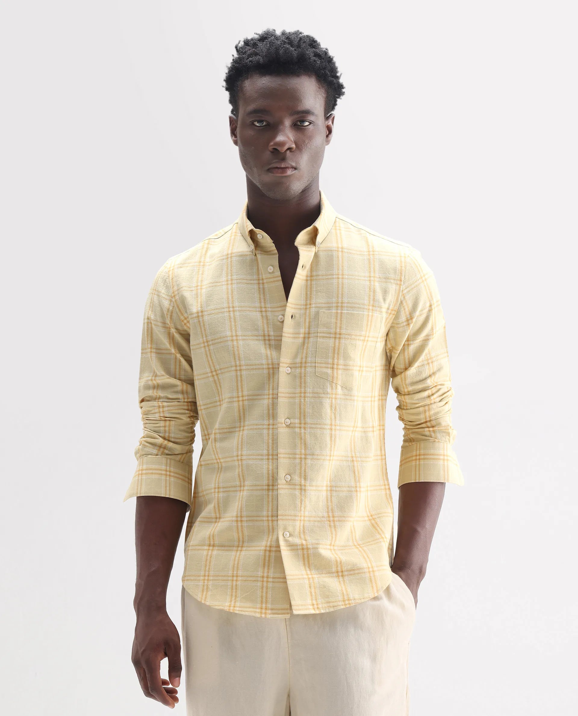 Rare Rabbit Men's Jaze Yellow 100% Linen Checked Print Regular Fit Full Sleeve Collared Shirt