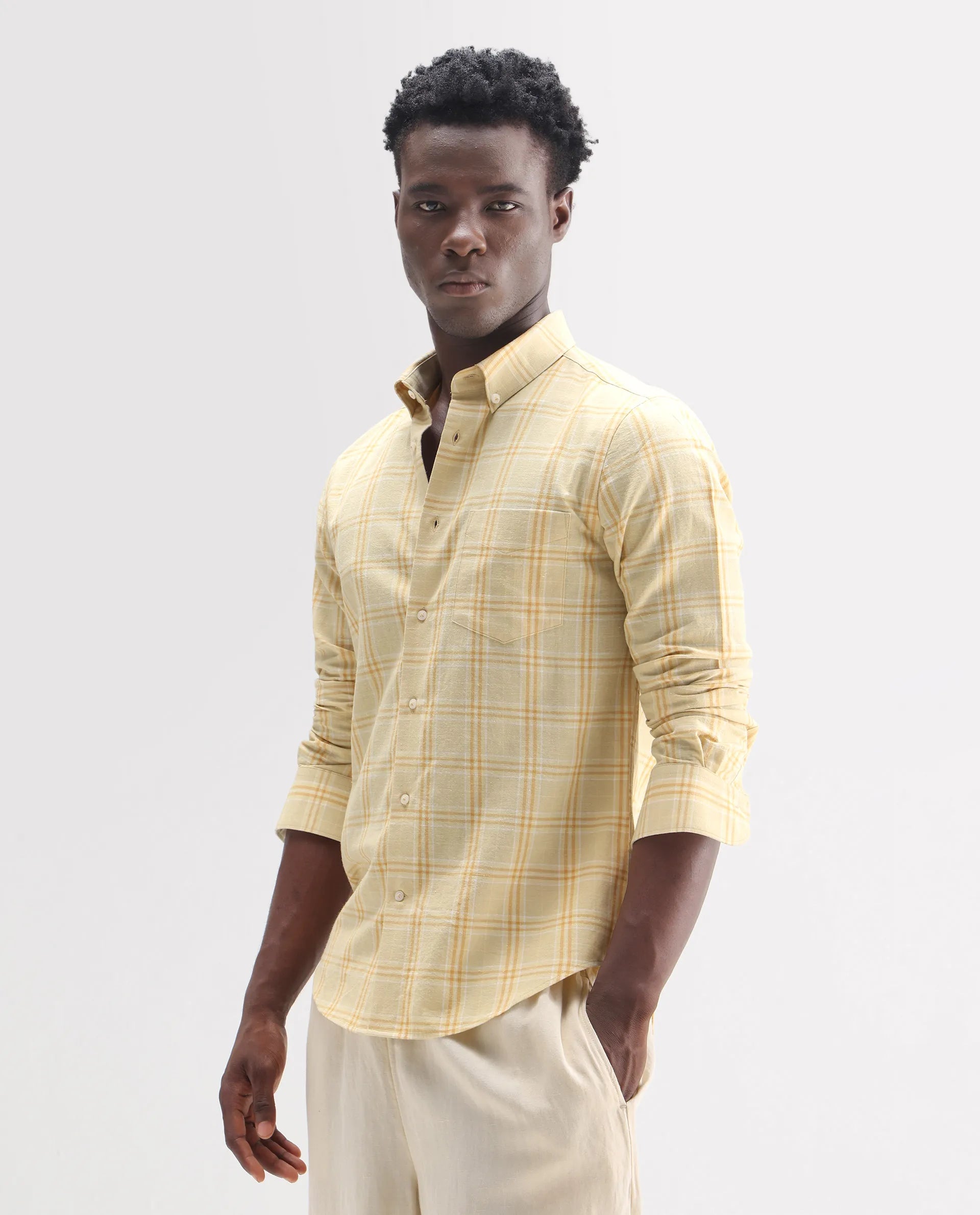 Rare Rabbit Men's Jaze Yellow 100% Linen Checked Print Regular Fit Full Sleeve Collared Shirt