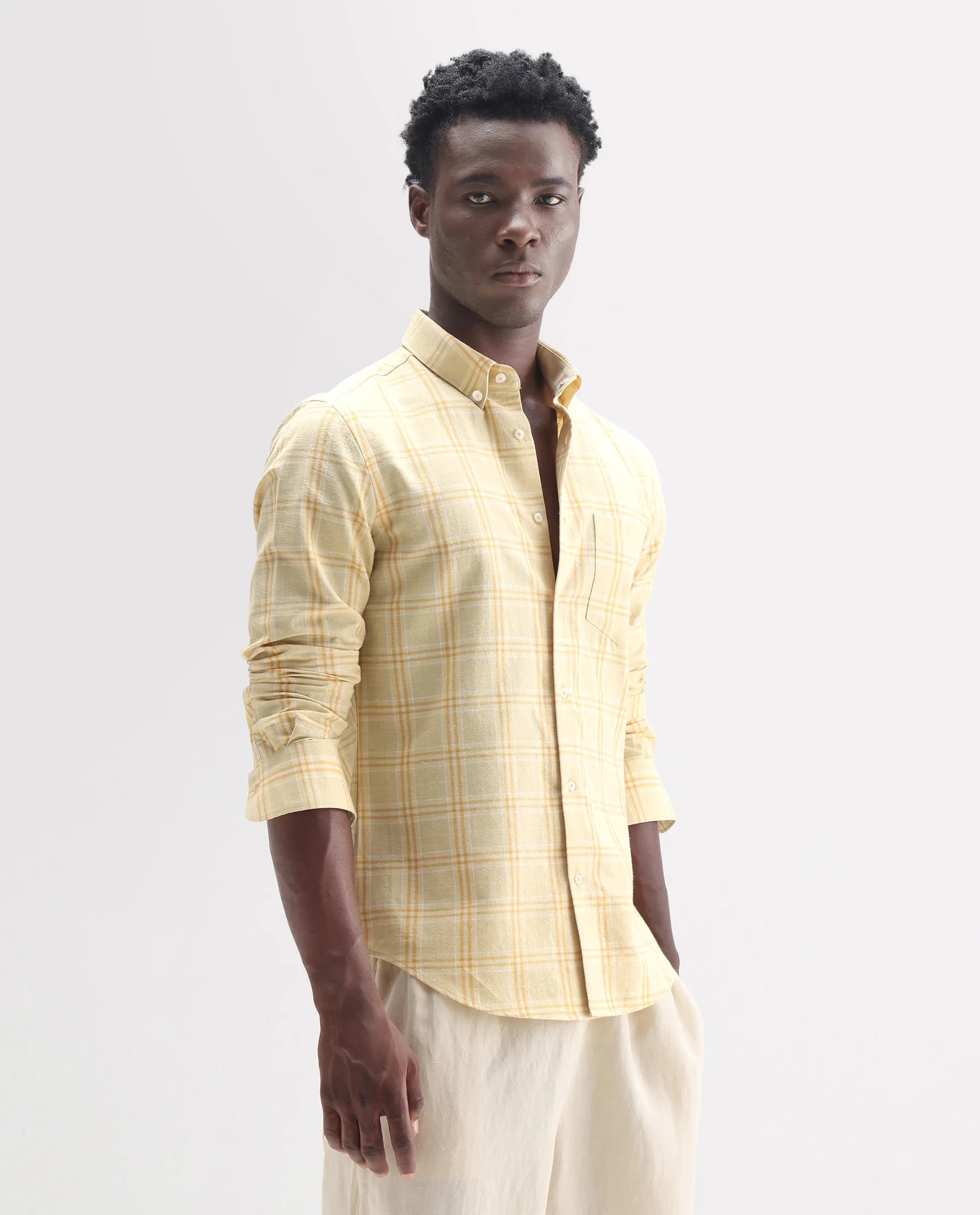 Rare Rabbit Men's Jaze Yellow 100% Linen Checked Print Regular Fit Full Sleeve Collared Shirt