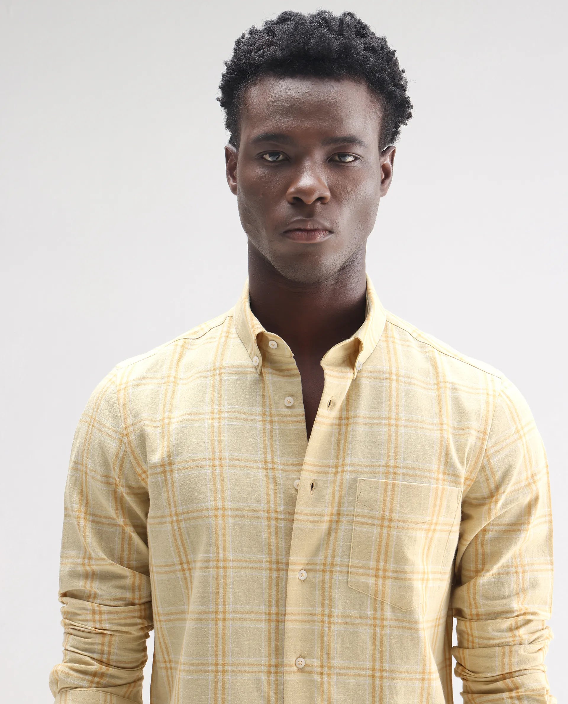 Rare Rabbit Men's Jaze Yellow 100% Linen Checked Print Regular Fit Full Sleeve Collared Shirt