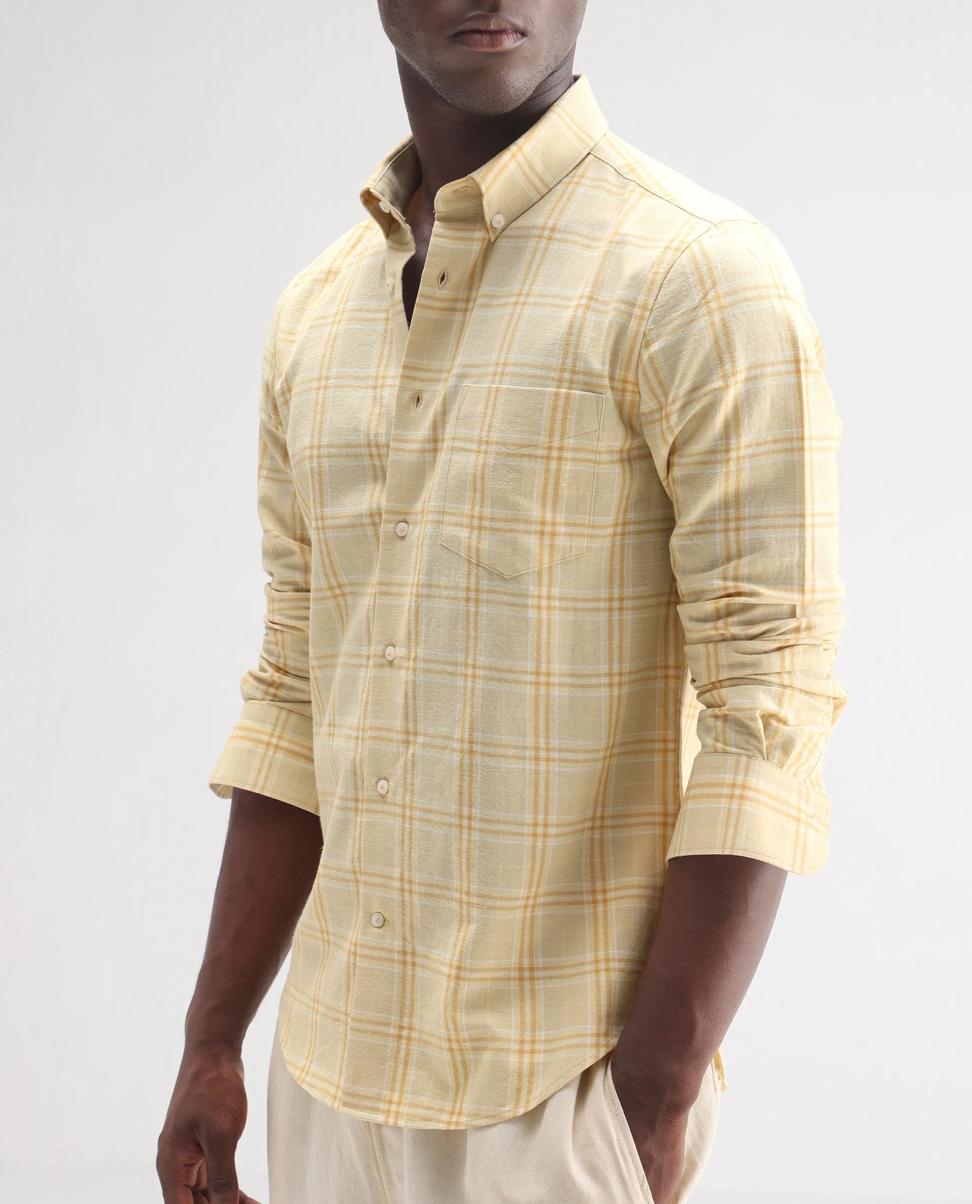 Rare Rabbit Men's Jaze Yellow 100% Linen Checked Print Regular Fit Full Sleeve Collared Shirt