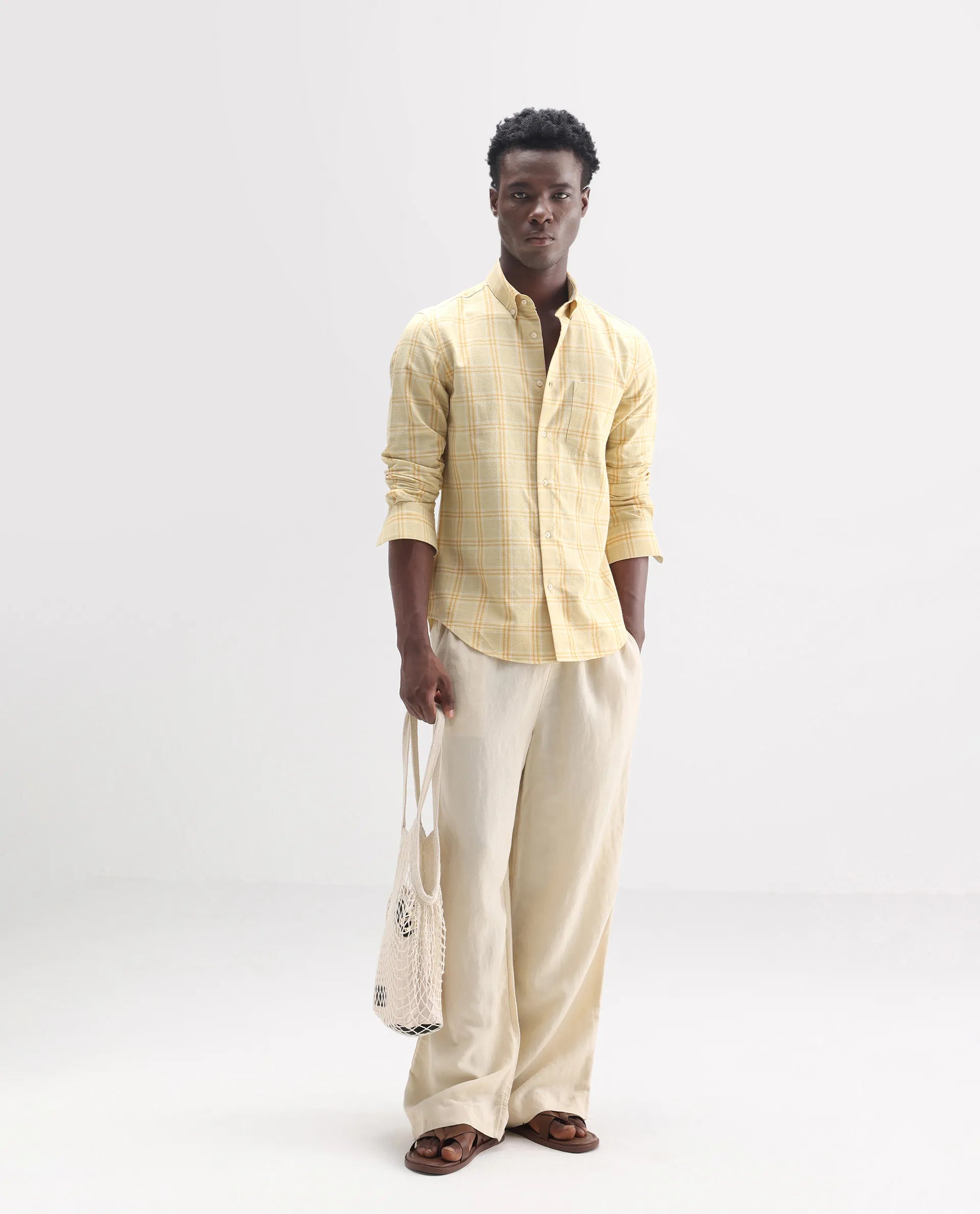 Rare Rabbit Men's Jaze Yellow 100% Linen Checked Print Regular Fit Full Sleeve Collared Shirt