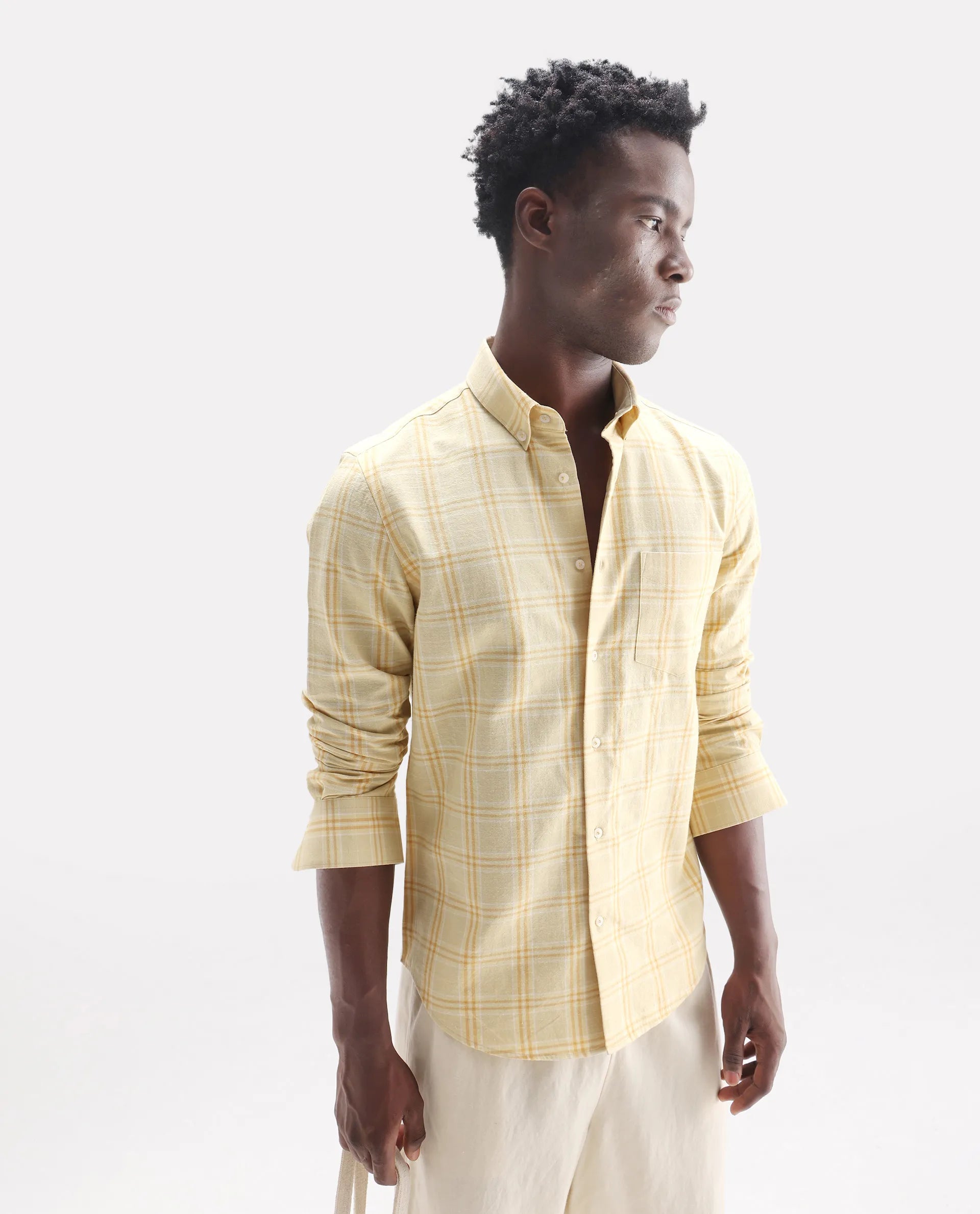 Rare Rabbit Men's Jaze Yellow 100% Linen Checked Print Regular Fit Full Sleeve Collared Shirt