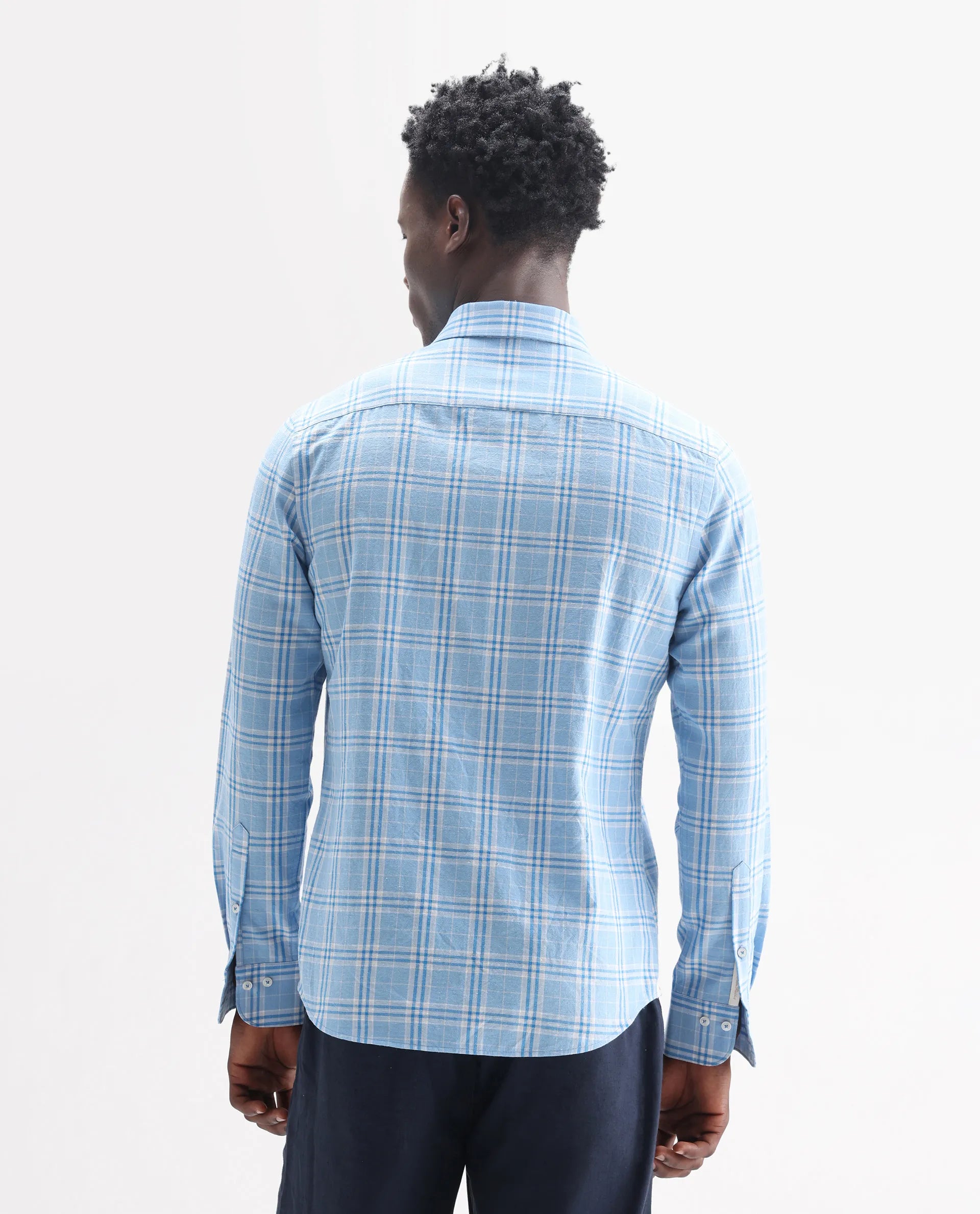 Rare Rabbit Men's Jaze Blue 100% Linen Checked Print Regular Fit Full Sleeve Collared Shirt