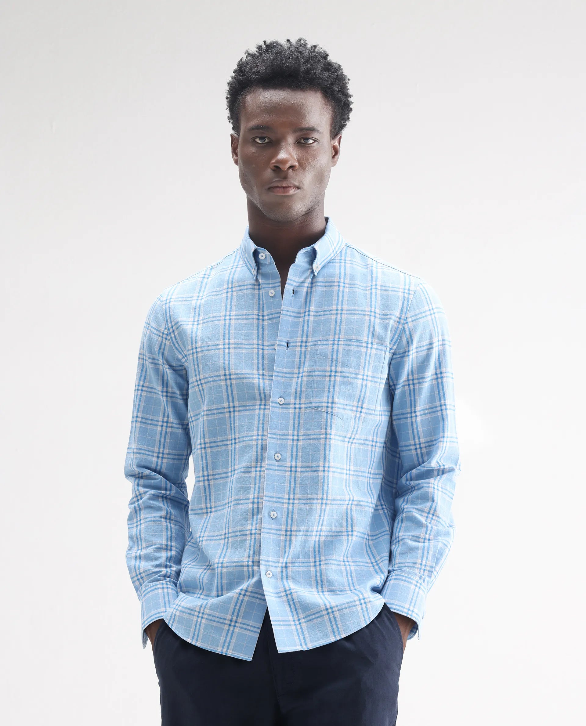 Rare Rabbit Men's Jaze Blue 100% Linen Checked Print Regular Fit Full Sleeve Collared Shirt