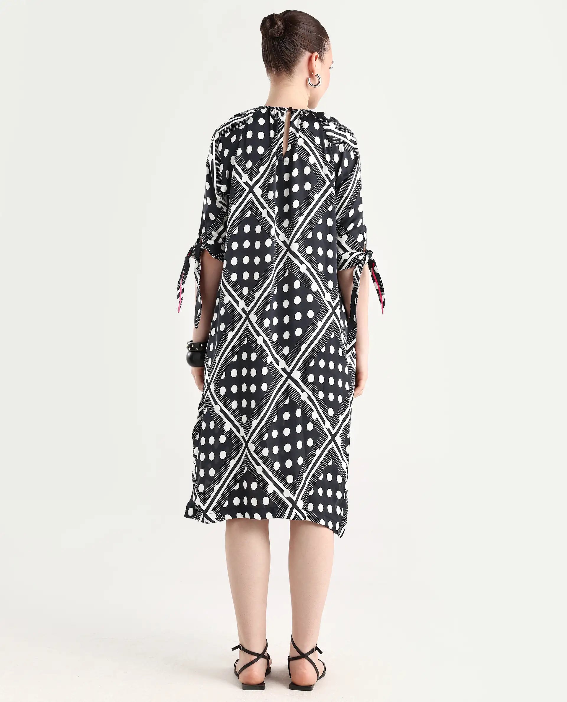 Rareism Women's Jeannie Black Polyester Boat Neck Polka Print Knee Length Regular Fit Dress