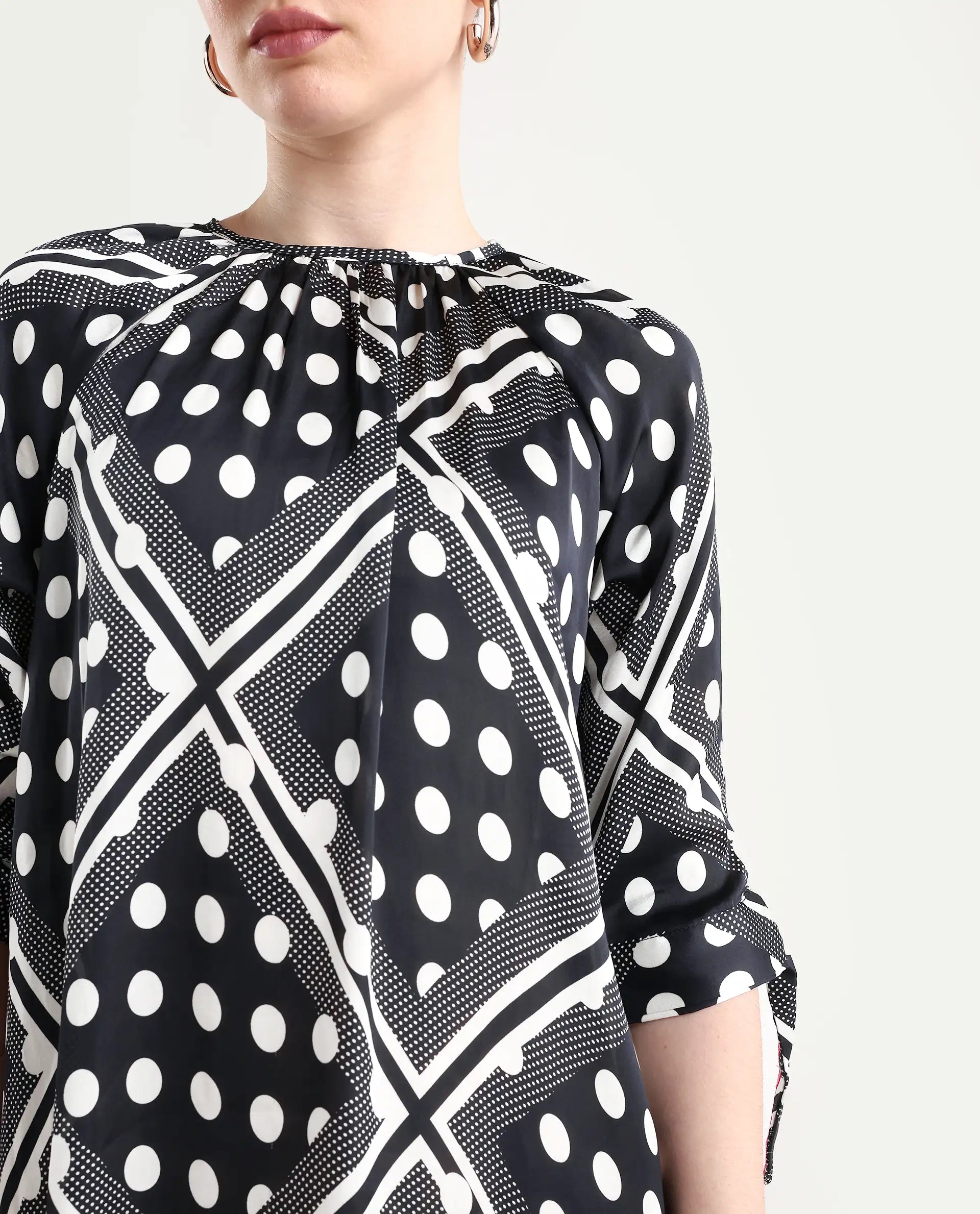 Rareism Women's Jeannie Black Polyester Boat Neck Polka Print Knee Length Regular Fit Dress