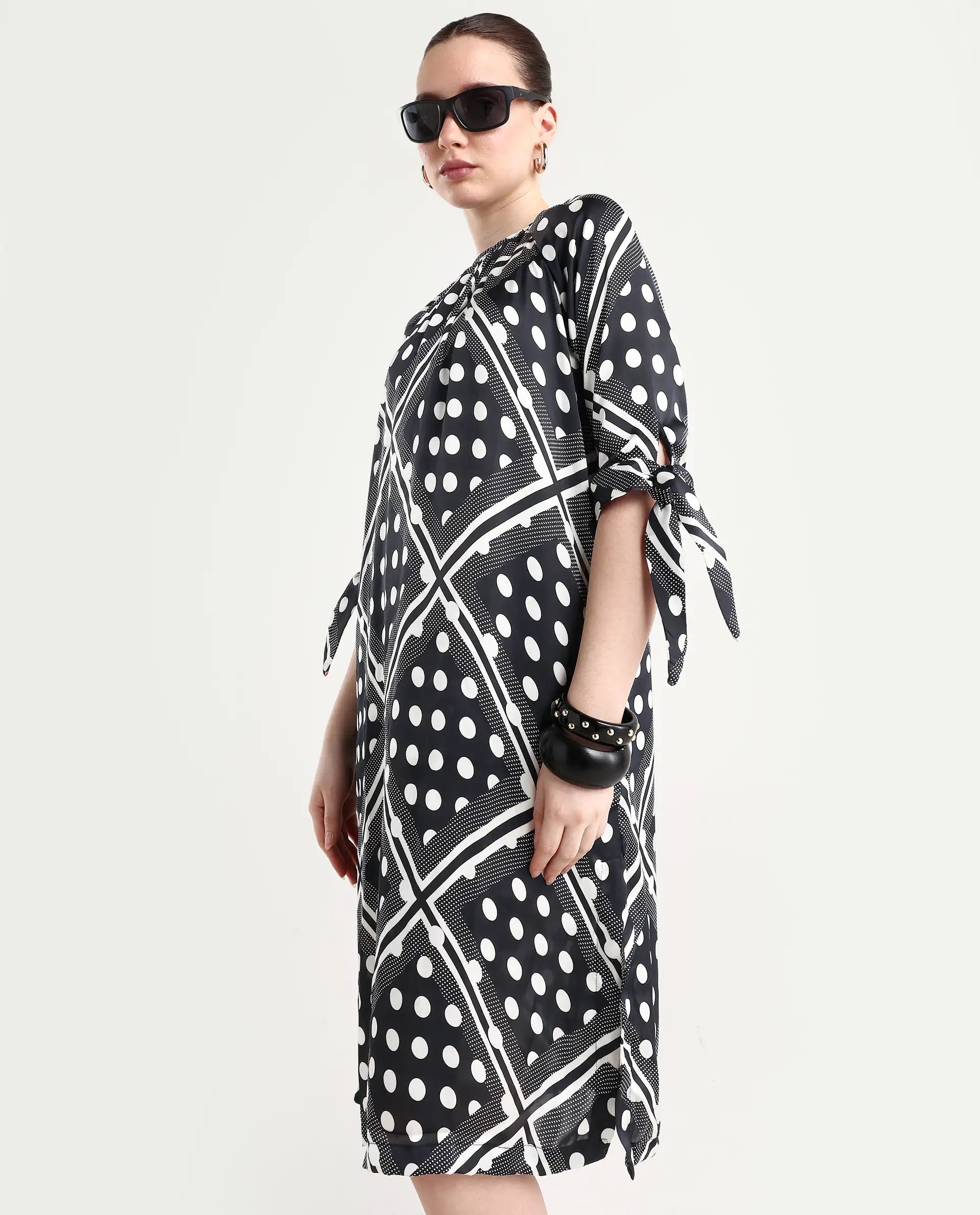 Rareism Women's Jeannie Black Polyester Boat Neck Polka Print Knee Length Regular Fit Dress