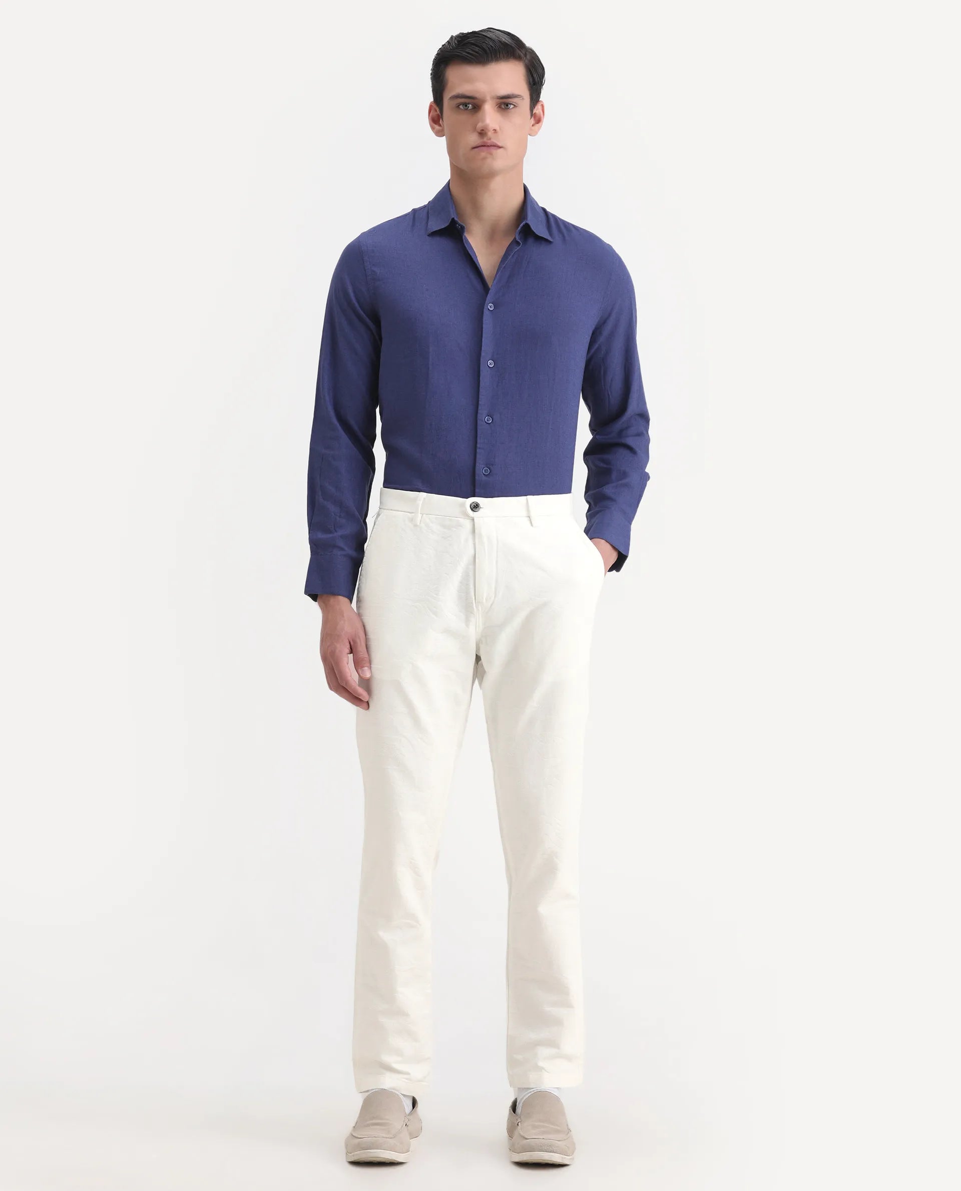 Rare Rabbit Men's Jeck-1 White Cotton Jacquard Regular Fit Trouser