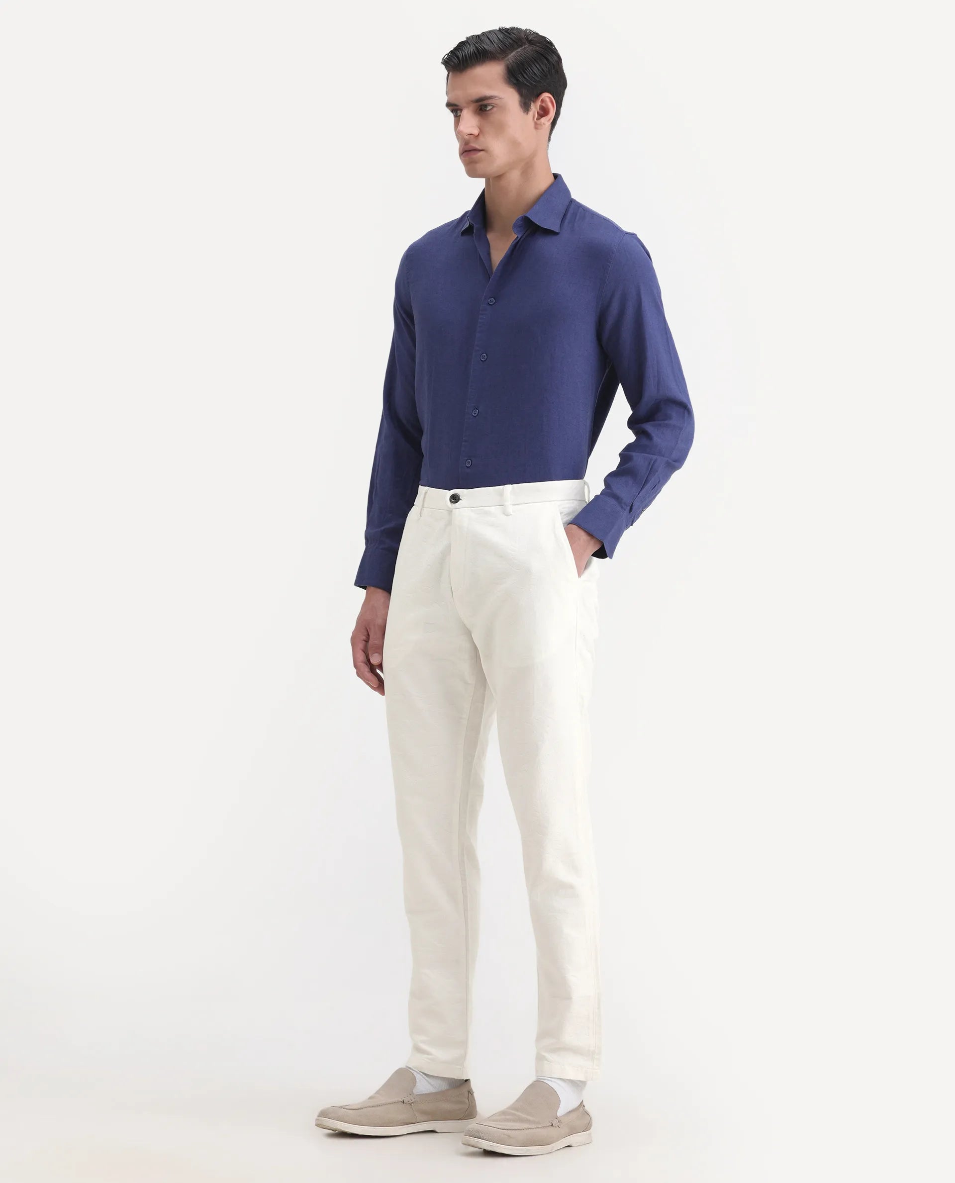 Rare Rabbit Men's Jeck-1 White Cotton Jacquard Regular Fit Trouser