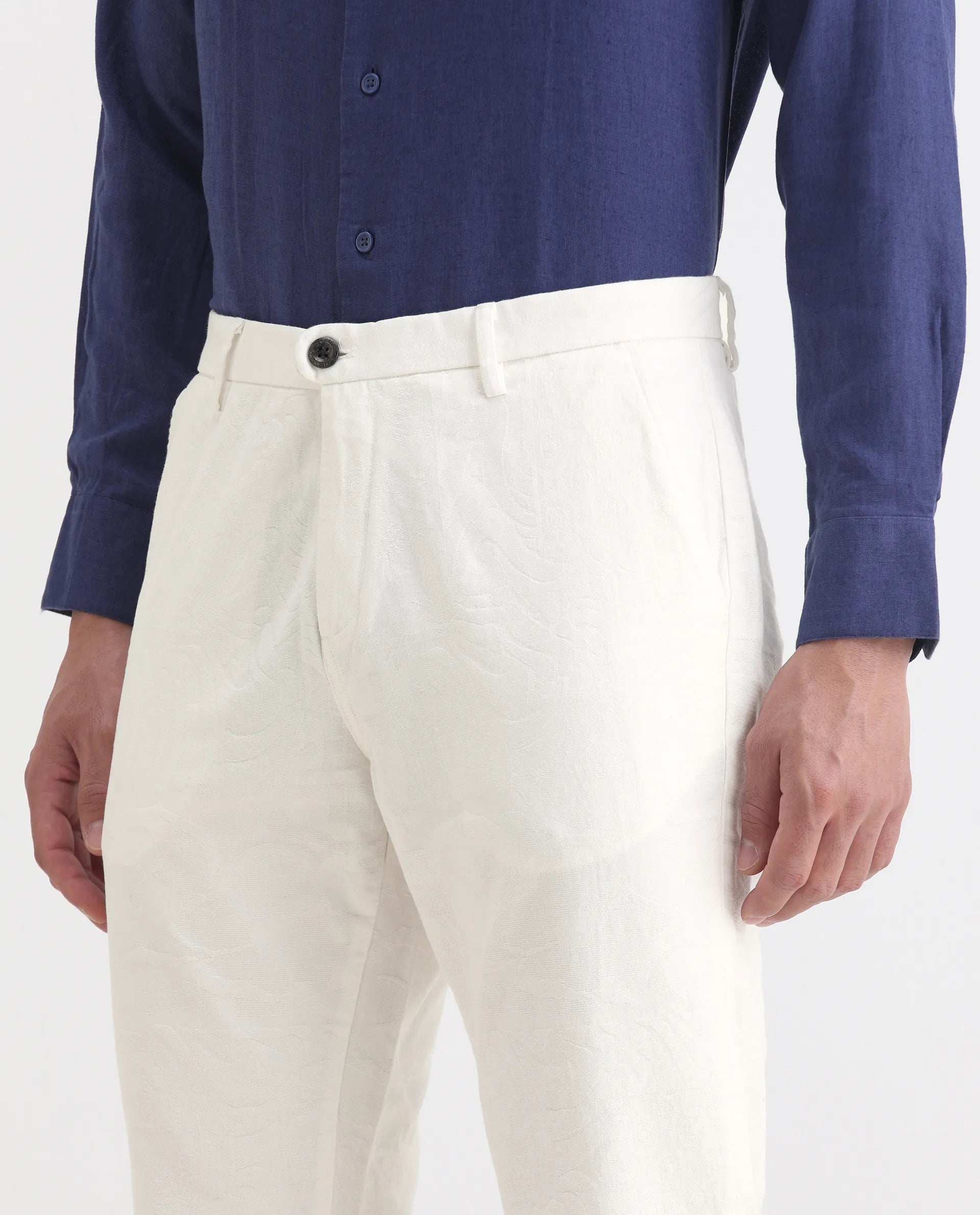 Rare Rabbit Men's Jeck-1 White Cotton Jacquard Regular Fit Trouser
