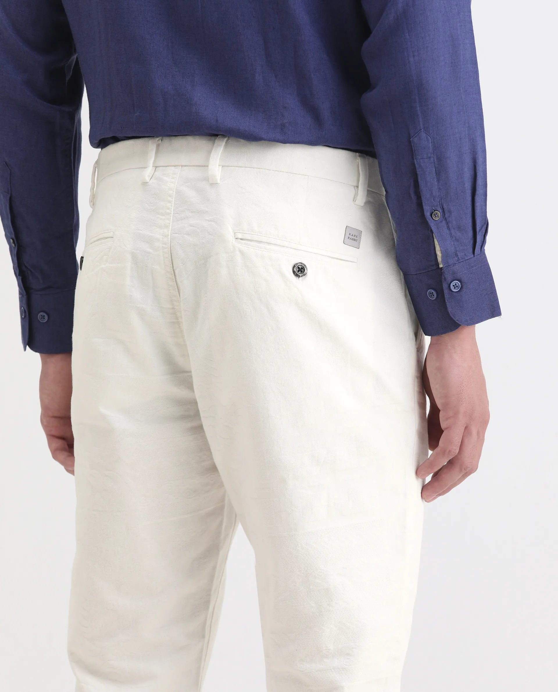Rare Rabbit Men's Jeck-1 White Cotton Jacquard Regular Fit Trouser