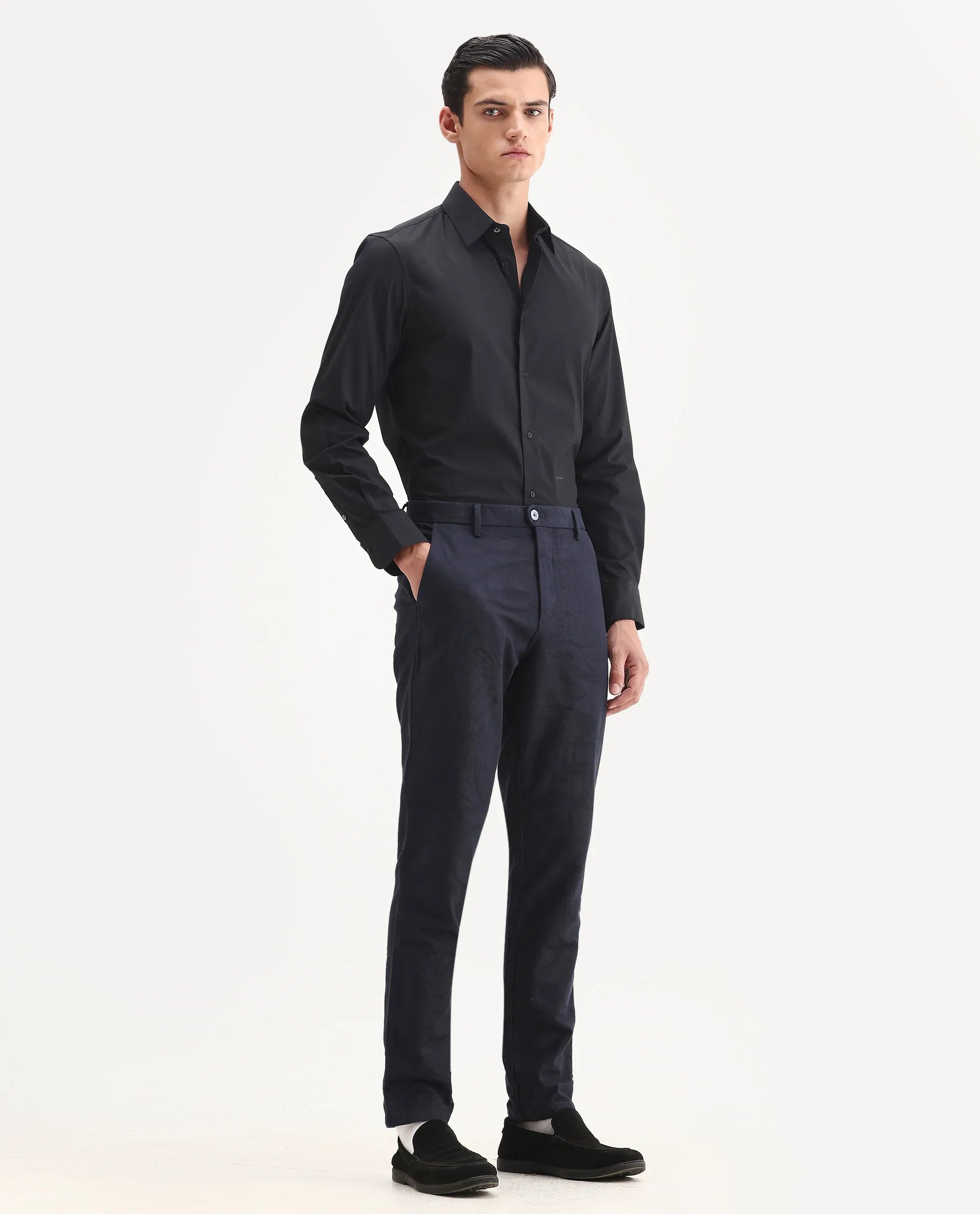 Rare Rabbit Men's Jeck-24 Navy Cotton Jacquard Regular Fit Trouser