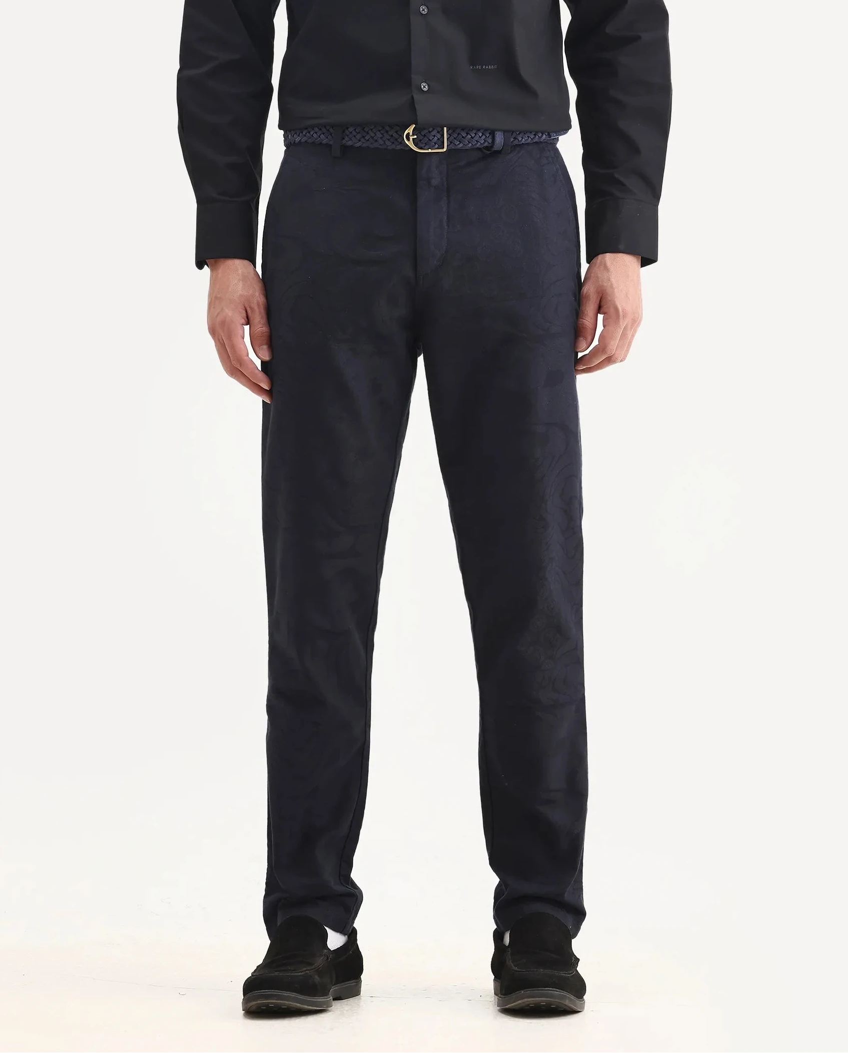Rare Rabbit Men's Jeck-24 Navy Cotton Jacquard Regular Fit Trouser