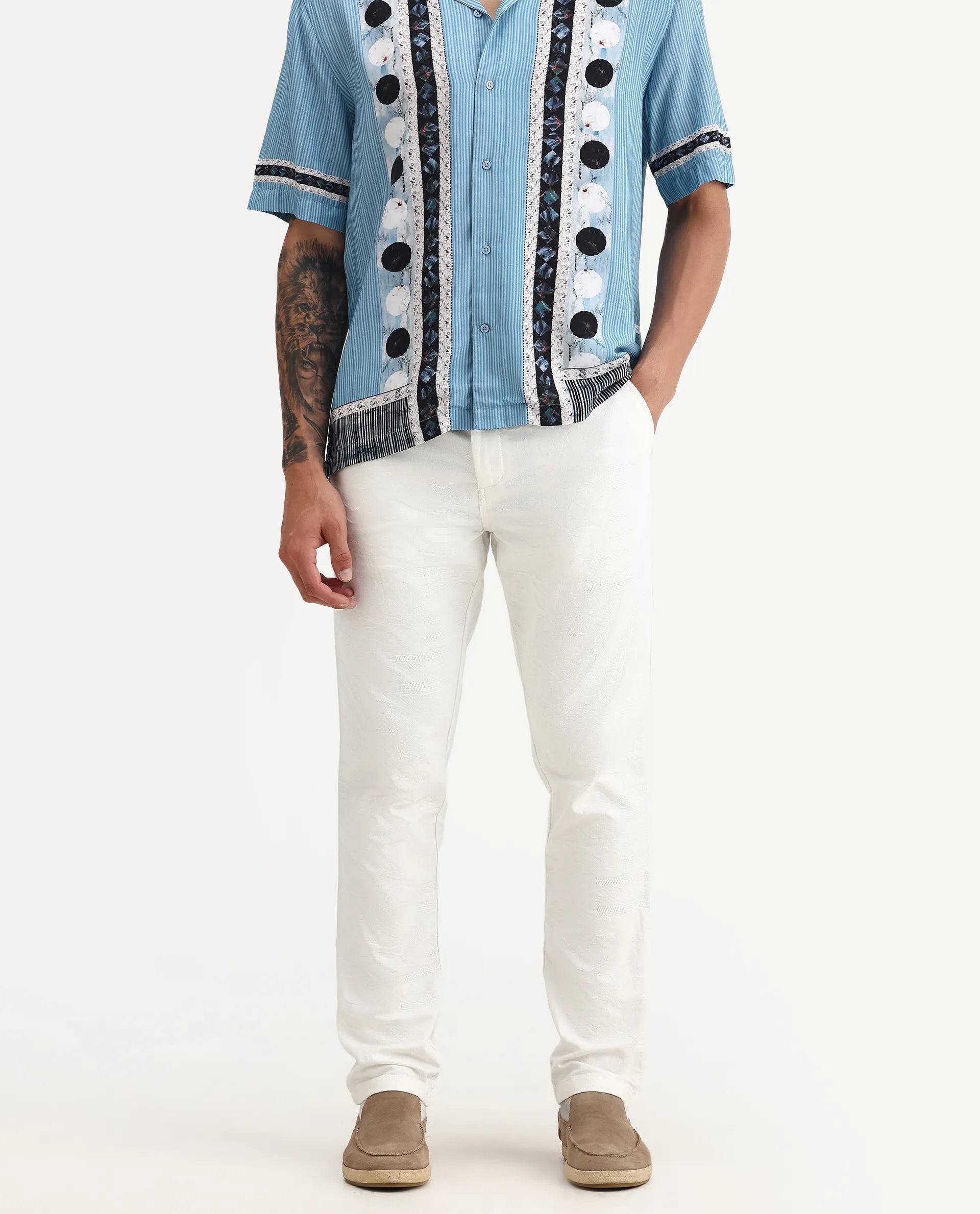 Rare Rabbit Men's Jeck-24 White Cotton Jacquard Regular Fit Trouser