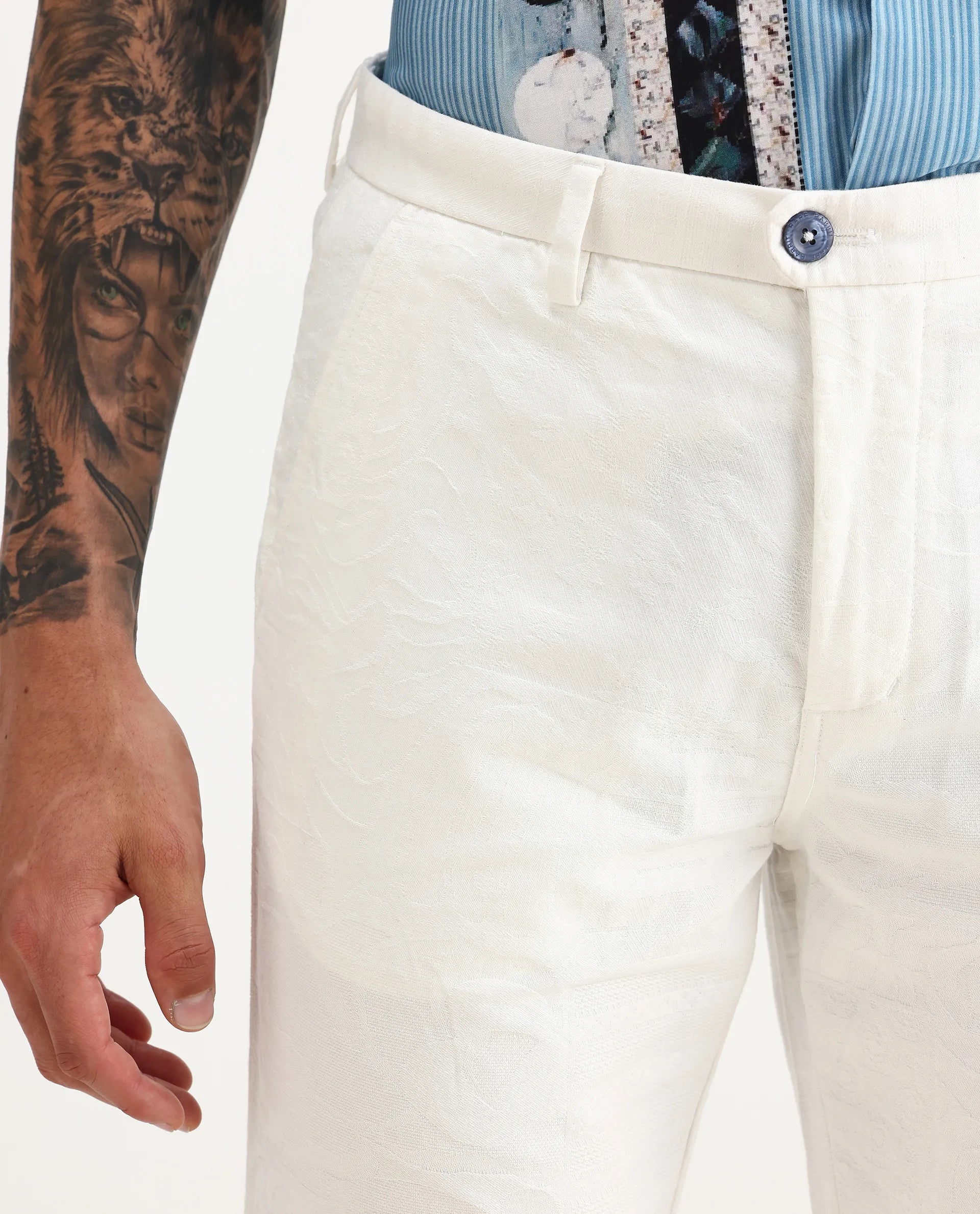 Rare Rabbit Men's Jeck-24 White Cotton Jacquard Regular Fit Trouser