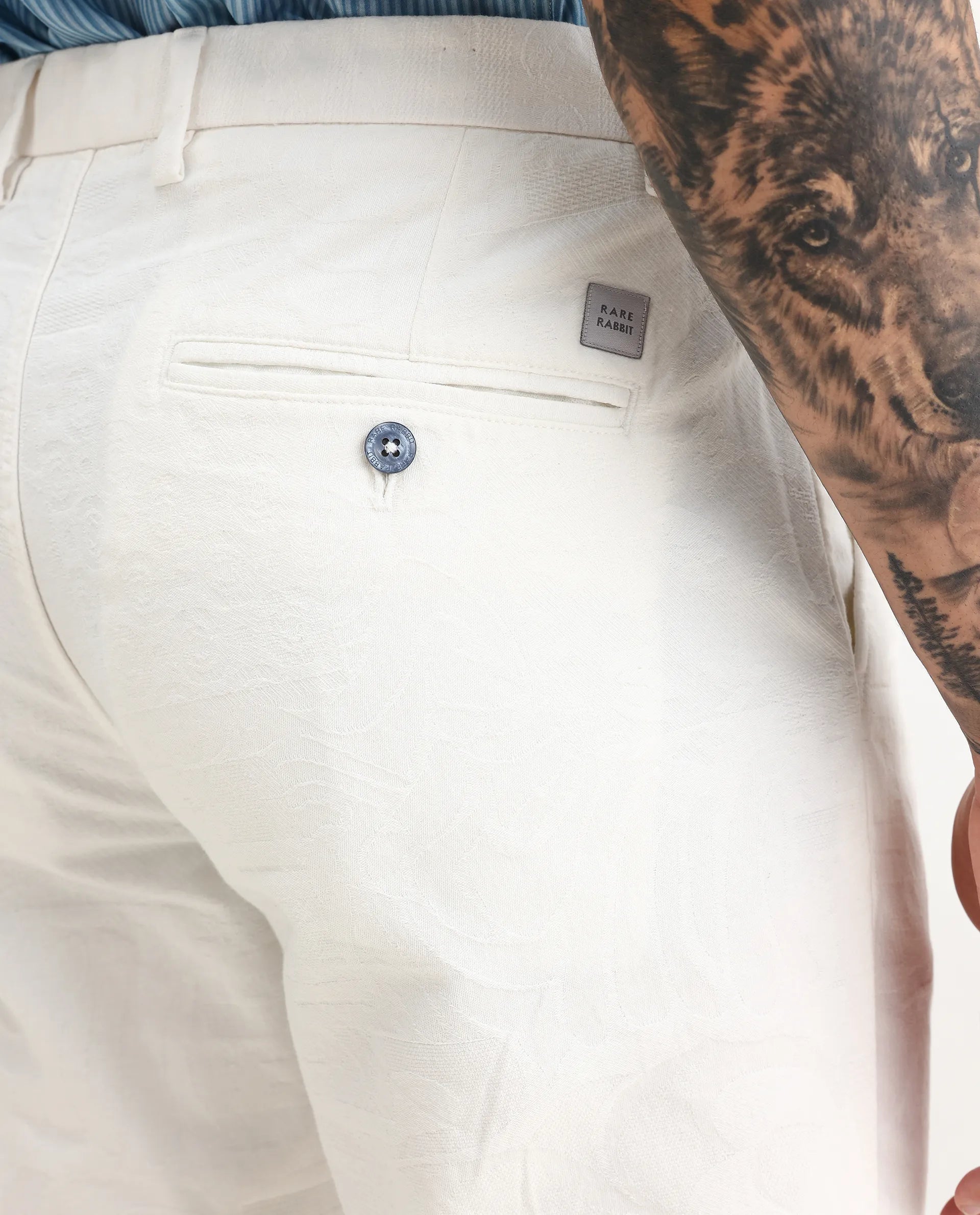 Rare Rabbit Men's Jeck-24 White Cotton Jacquard Regular Fit Trouser