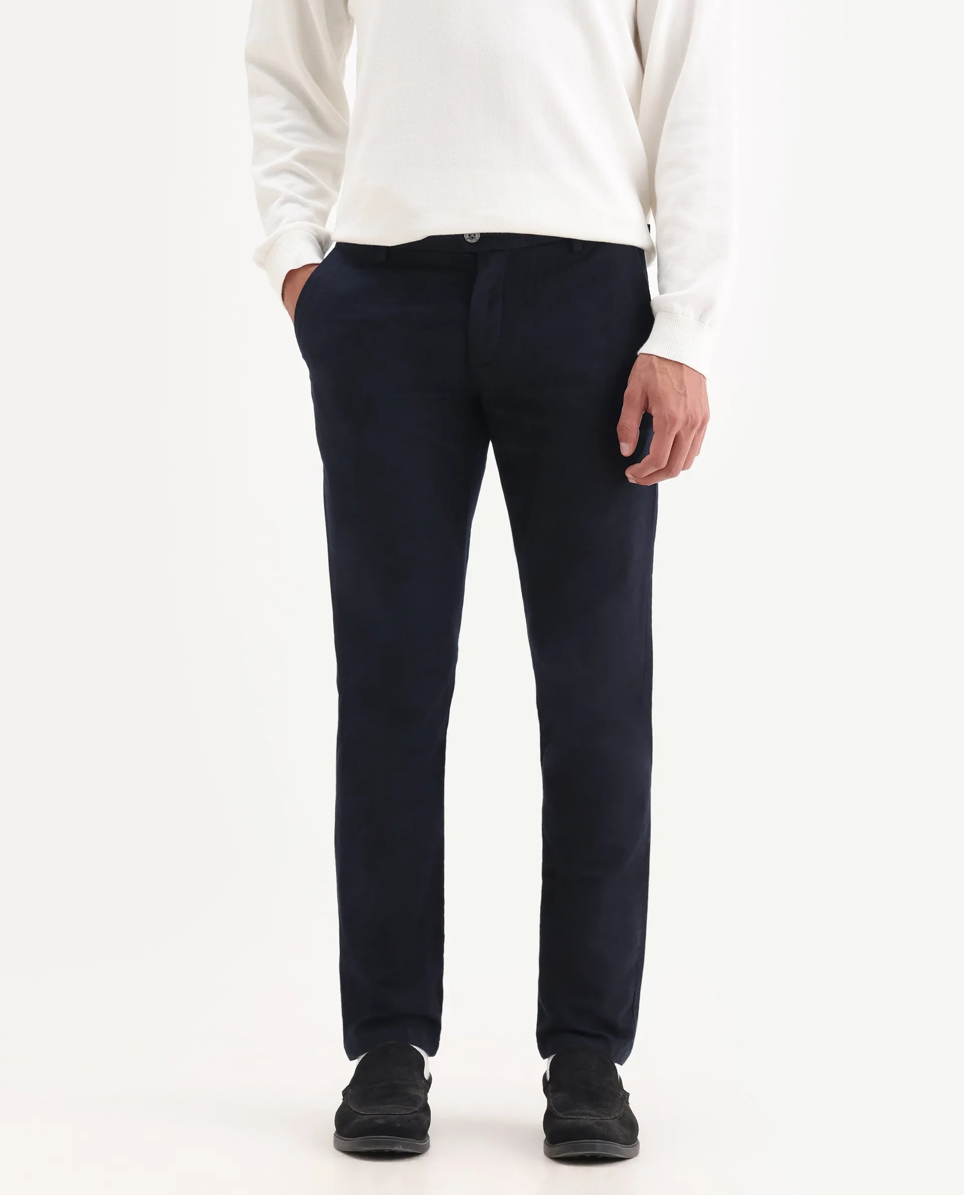 Rare Rabbit Men's Jeck-2 Navy Cotton Jacquard Regular Fit Trouser