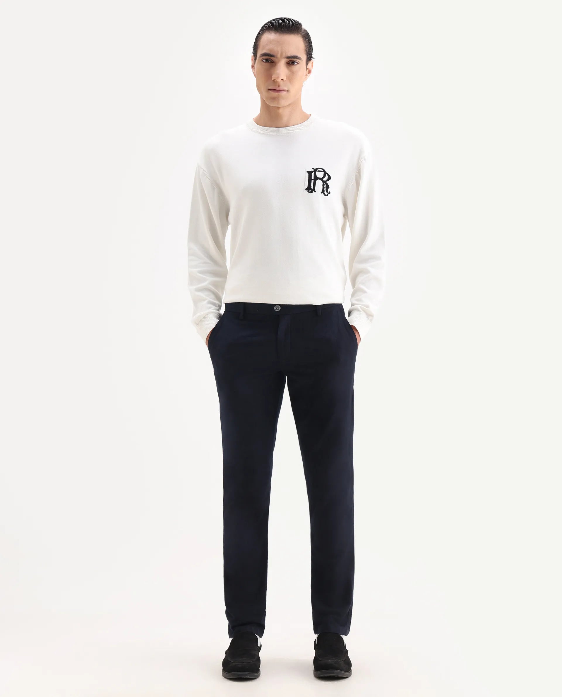 Rare Rabbit Men's Jeck-2 Navy Cotton Jacquard Regular Fit Trouser