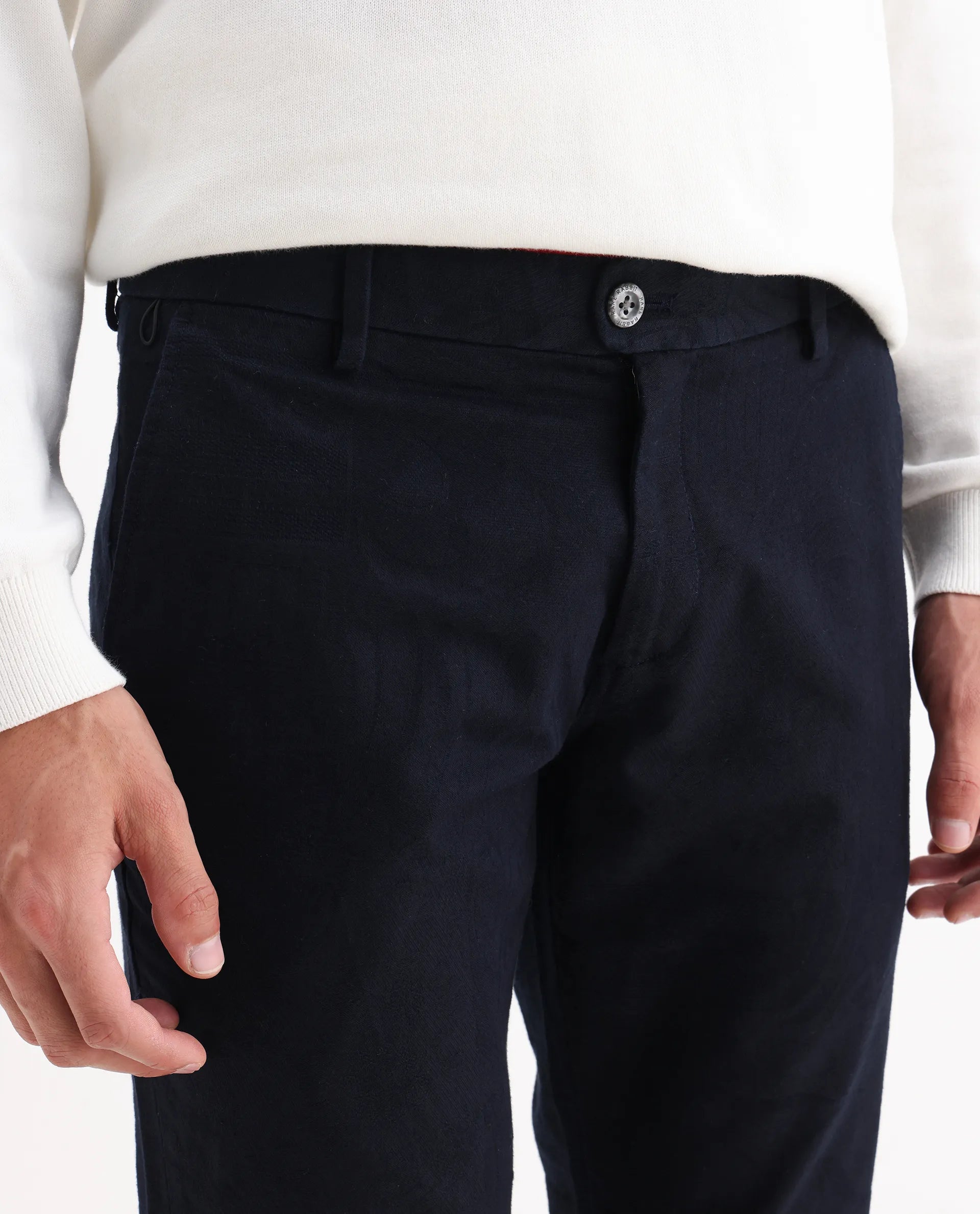 Rare Rabbit Men's Jeck-2 Navy Cotton Jacquard Regular Fit Trouser