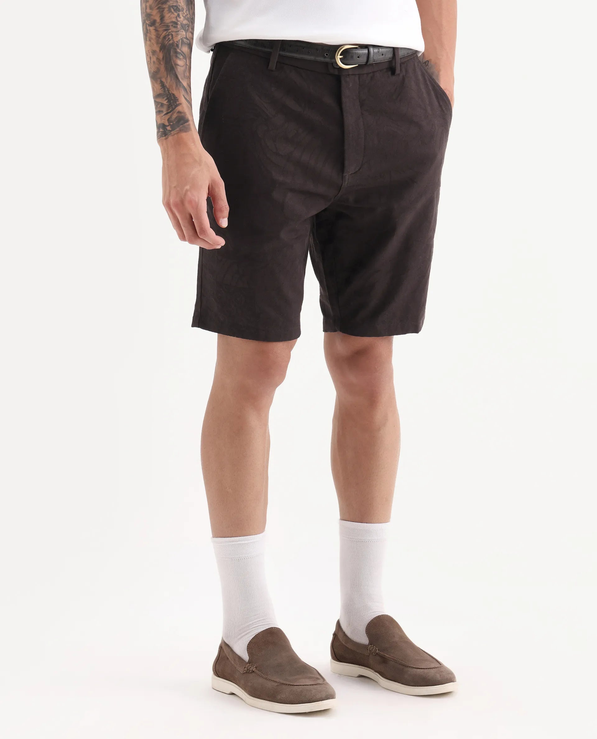 Rare Rabbit Men Jeck-S Dark Brown Cotton Fabric Button Closure Jacquard Shorts