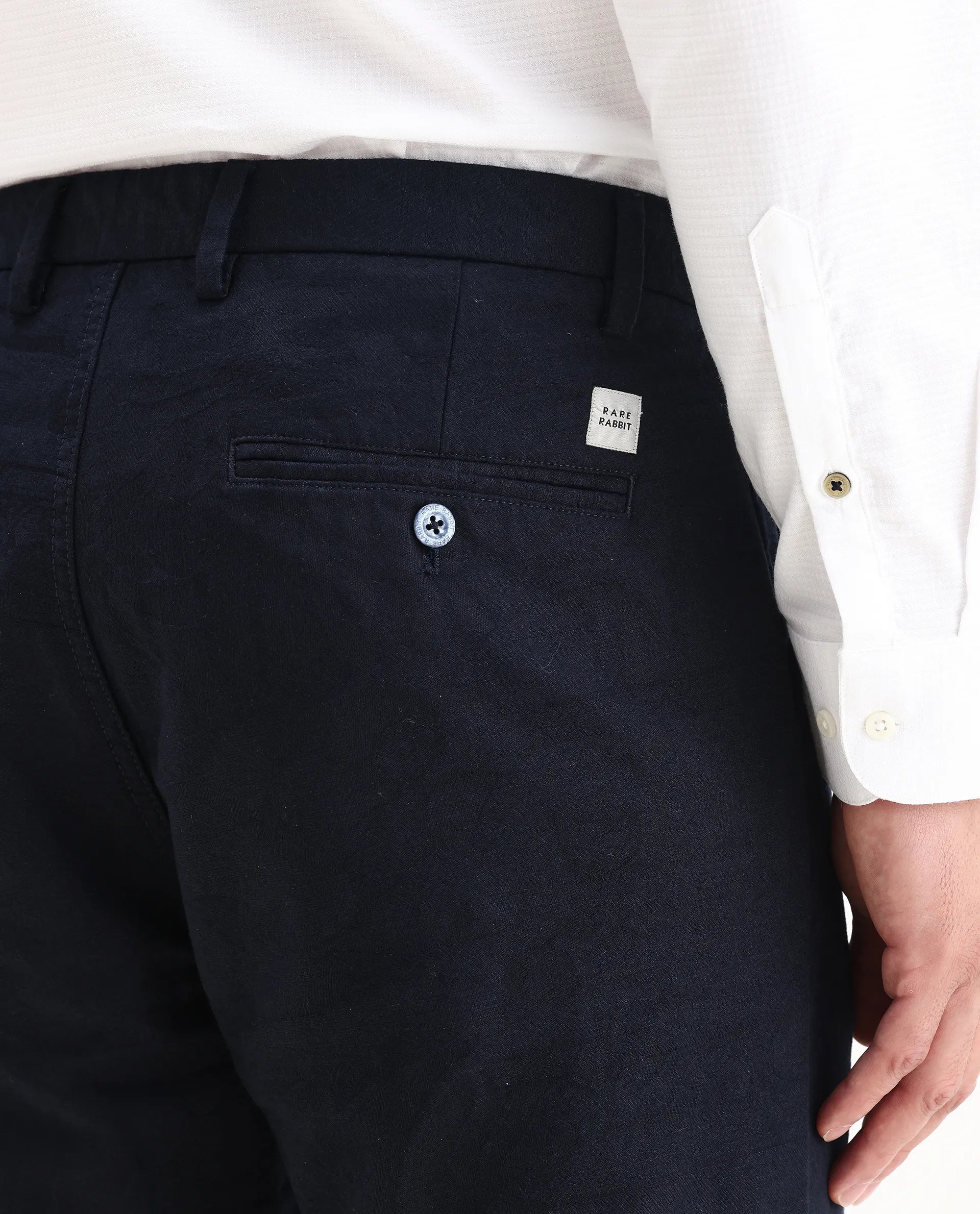 Rare Rabbit Men's Jeck-24 Navy Cotton Jacquard Regular Fit Trouser