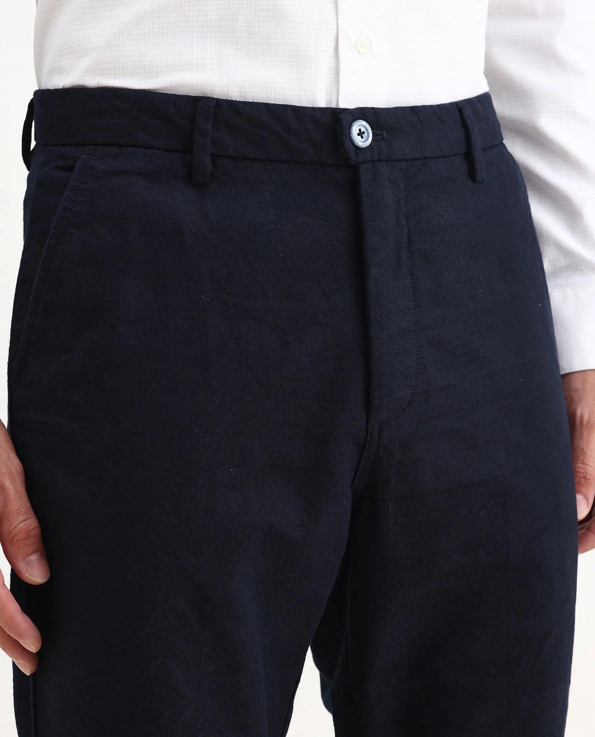 Rare Rabbit Men's Jeck-24 Navy Cotton Jacquard Regular Fit Trouser