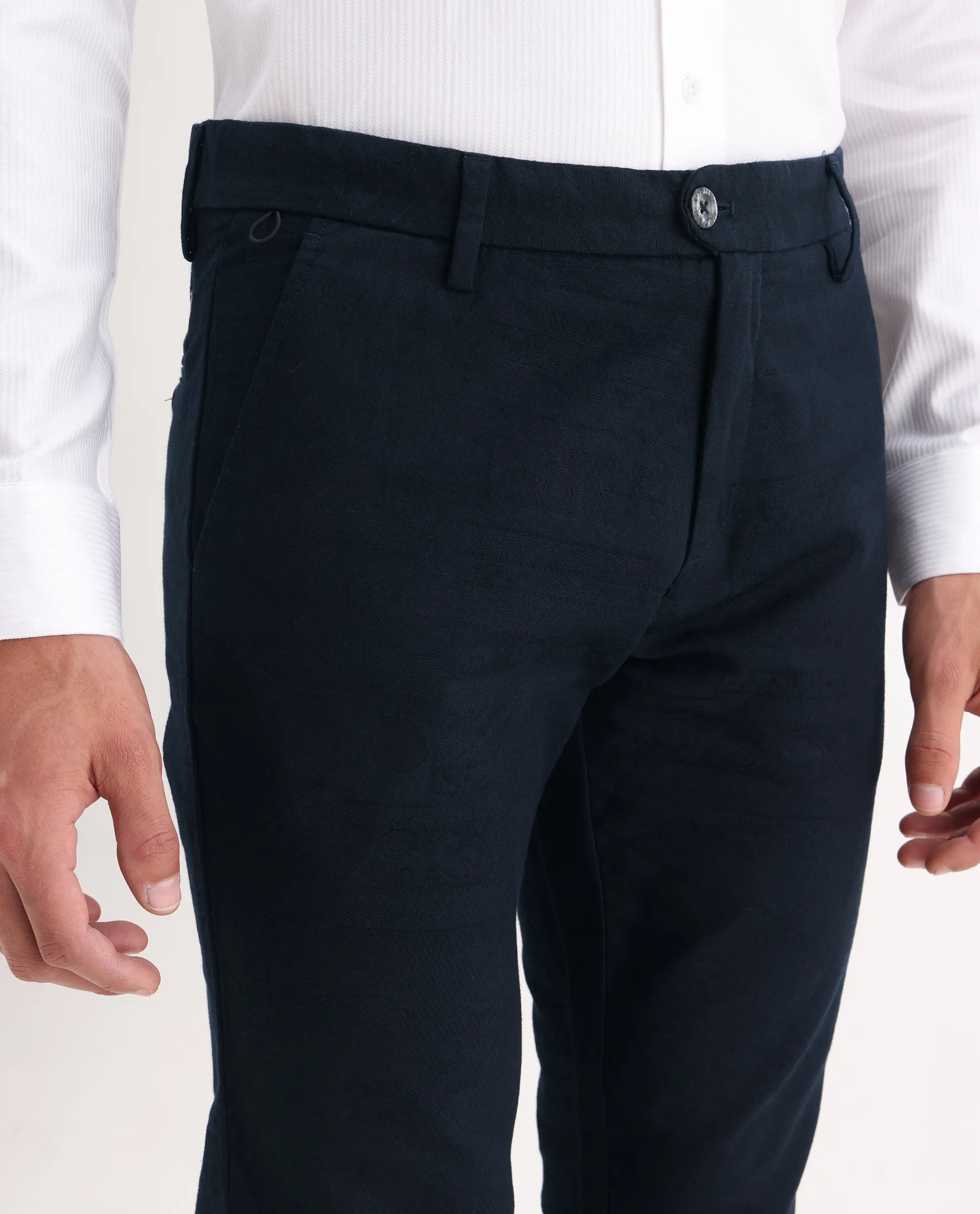 Rare Rabbit Men's Jeck Navy Cotton Fabric Regular Fit Mid Rise Jacquard Trouser